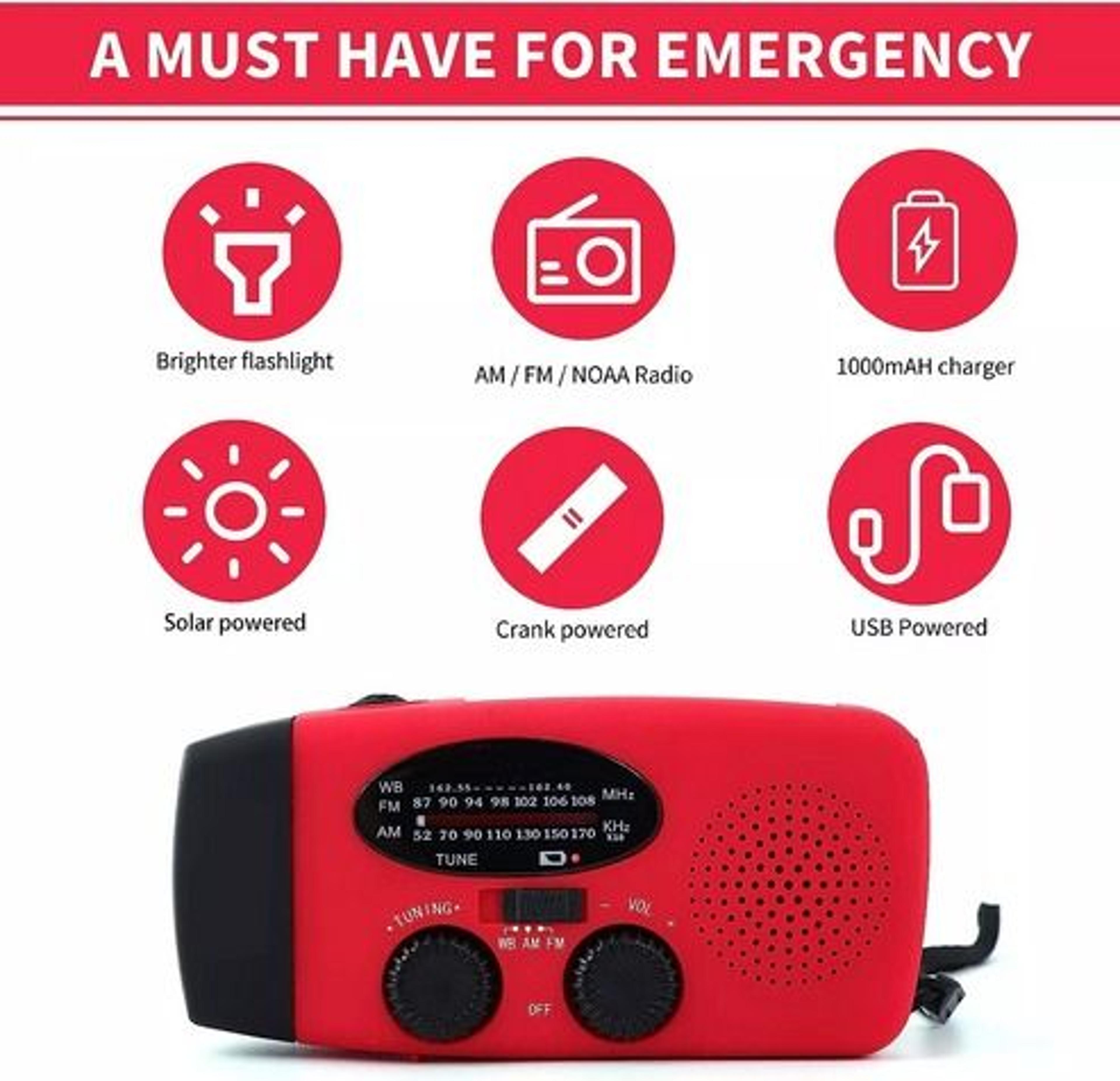 Solar Hand Crank Emergency Radio Power Bank Weather Alerts LED Flash Light Portable Charging 4