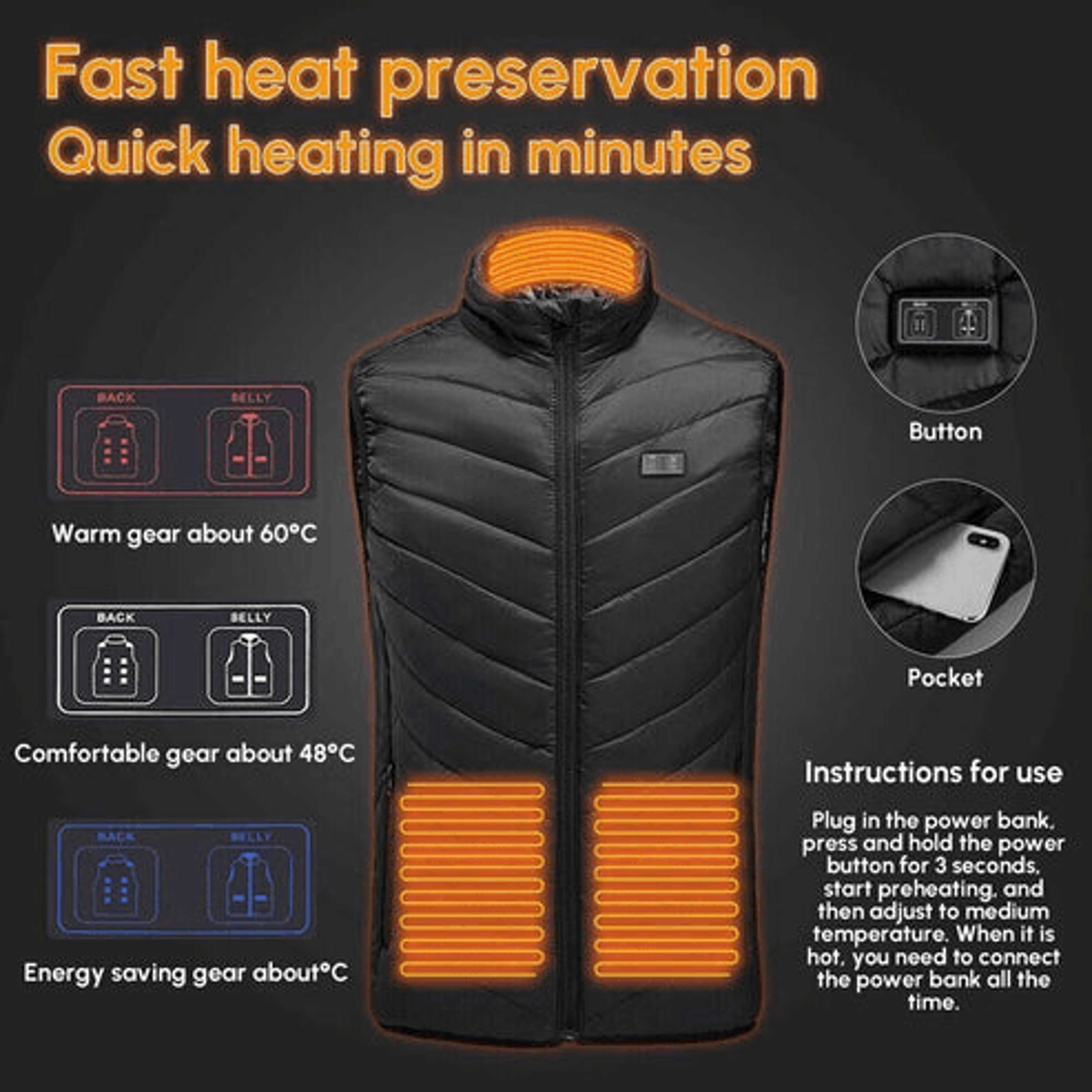 Electric Heated Vest Heating Zones Battery Pack Rechargeable Warmth Vest For Cold Weather 3
