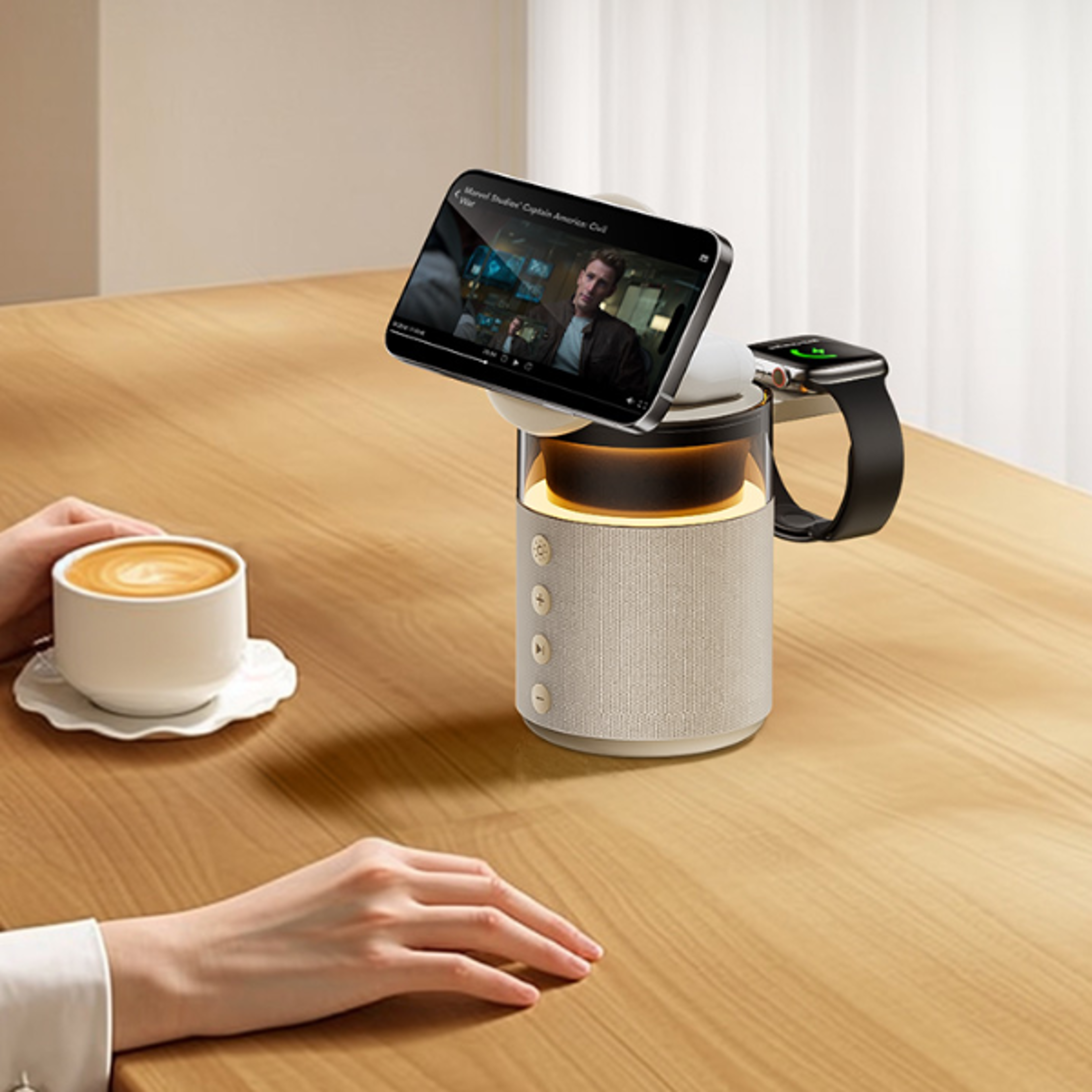 magnetic wireless charging station with bluetooth speaker & night lights