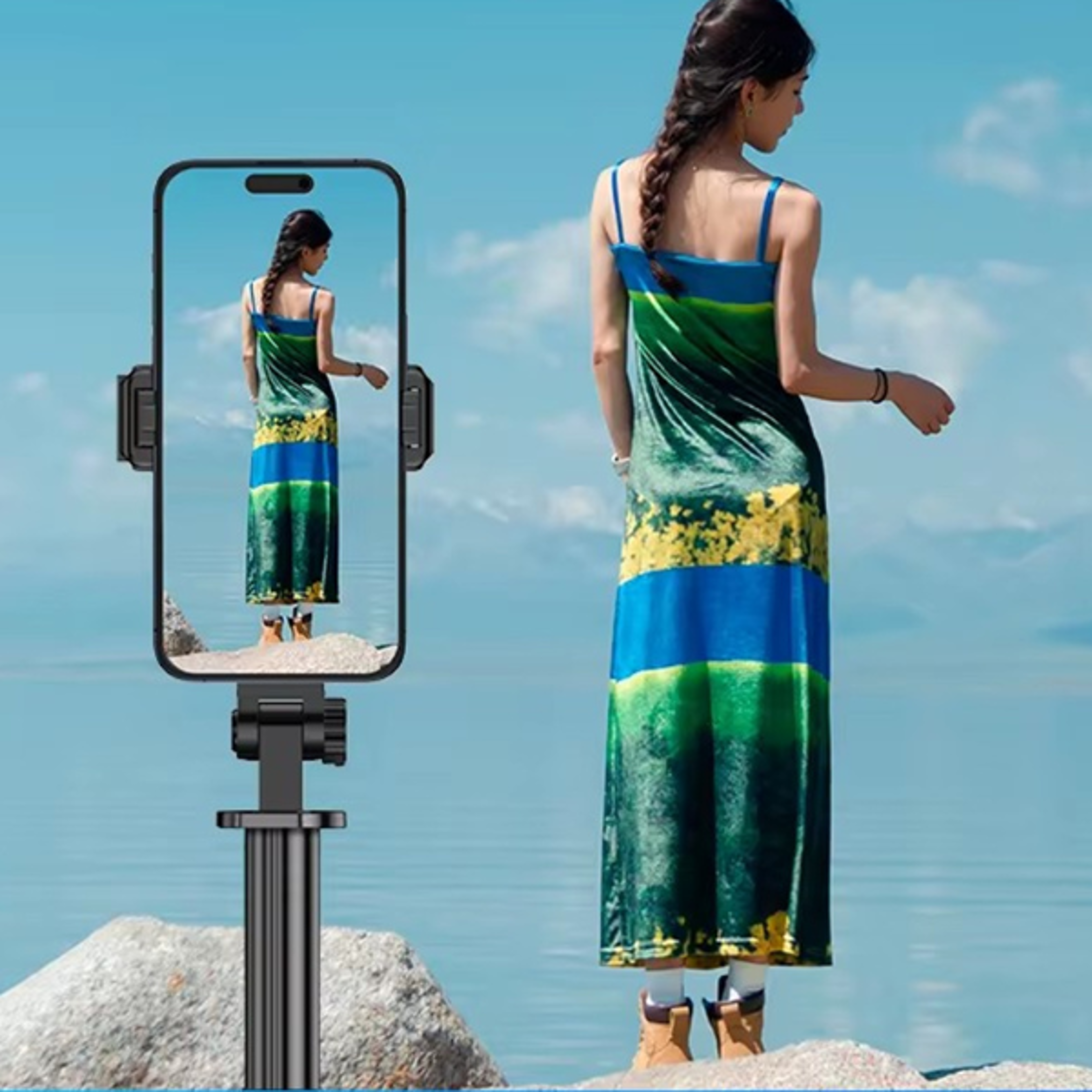 screen mirroring selfie stick tripod with wifi display monitor for vlogging & smartphone video recording