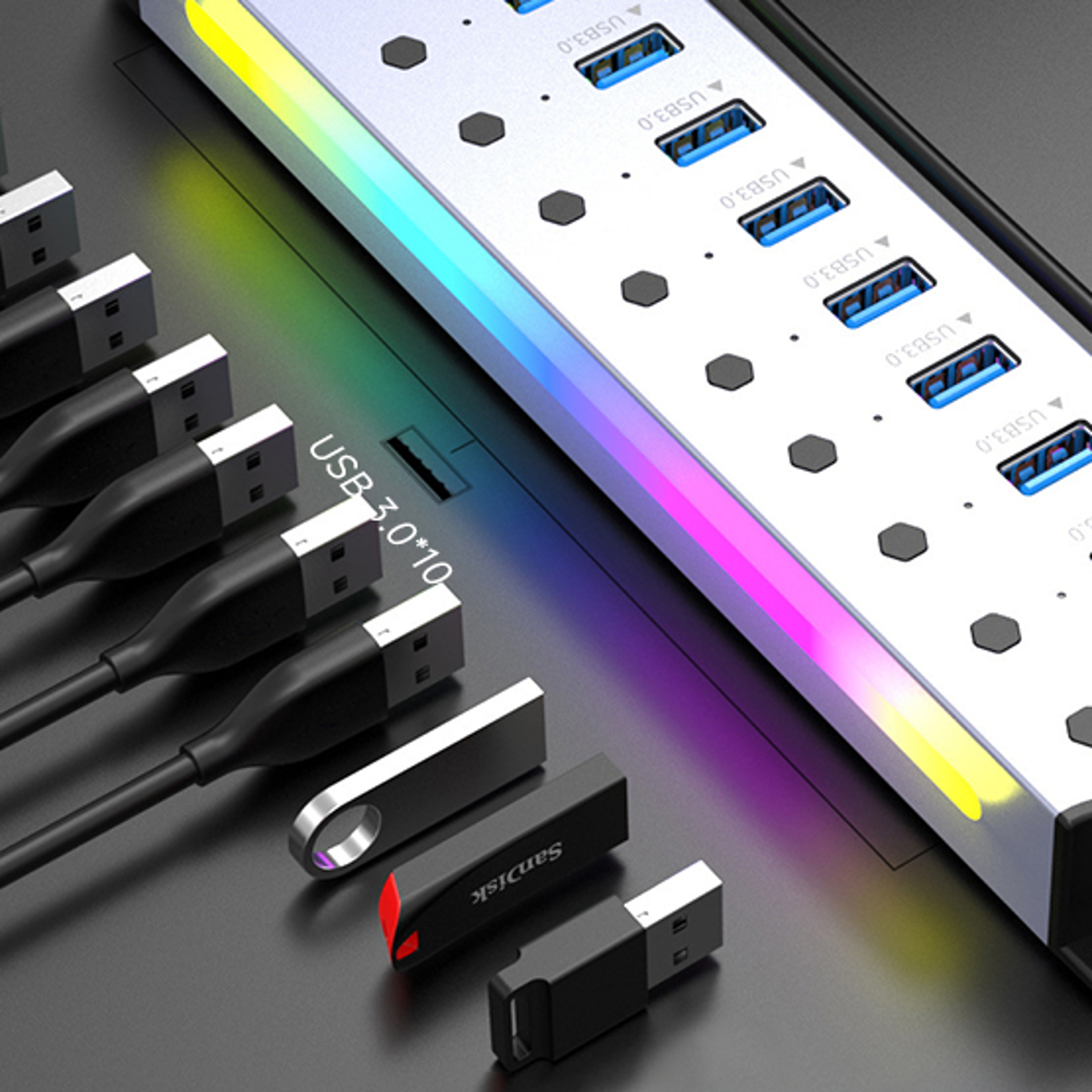 port powered usb hub with individual switches and rgb lighting