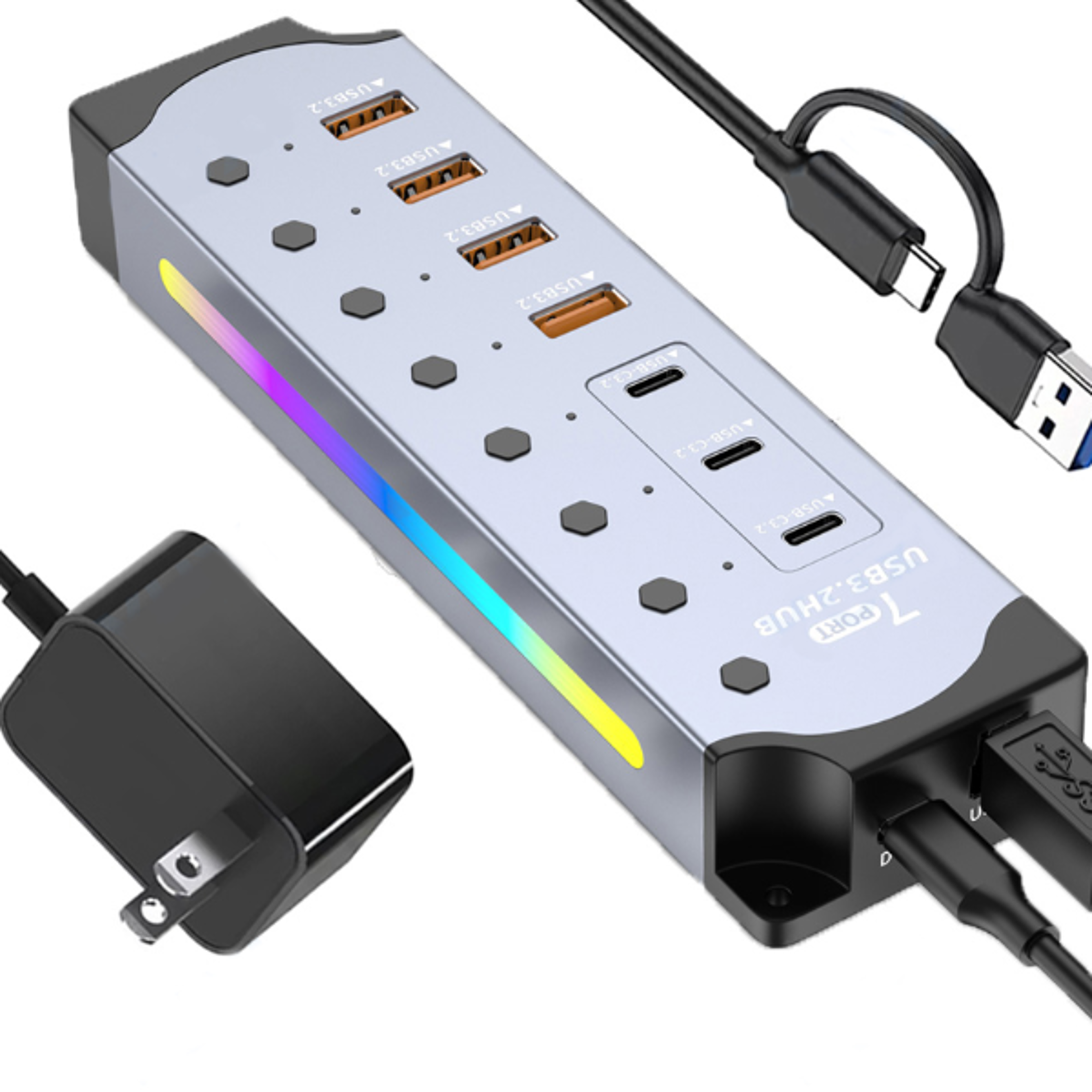 powered usb hub 10gbps usb c hub with 7 ports and individual power switches