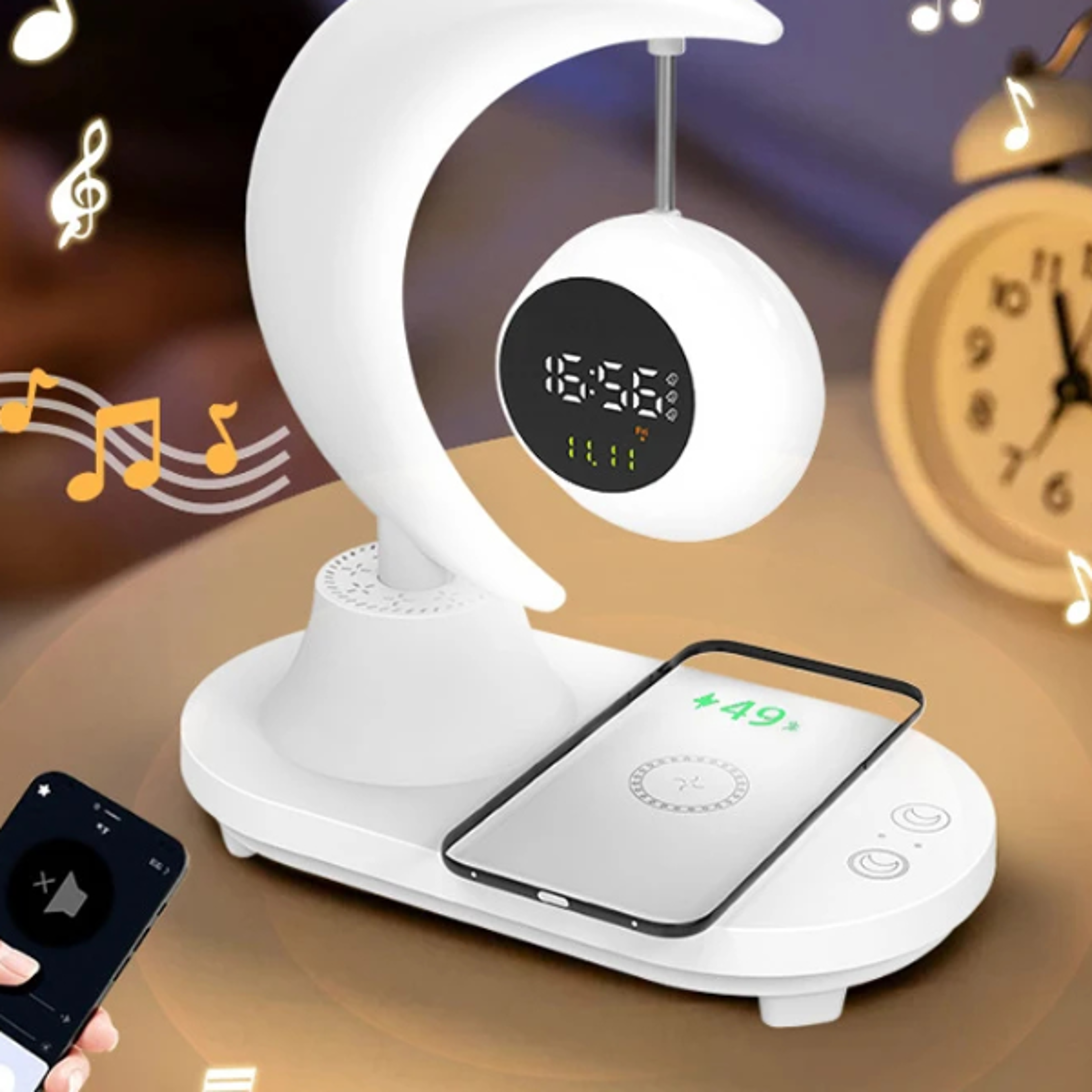 bluetooth alarm clock speaker with wireless charger night light & app control