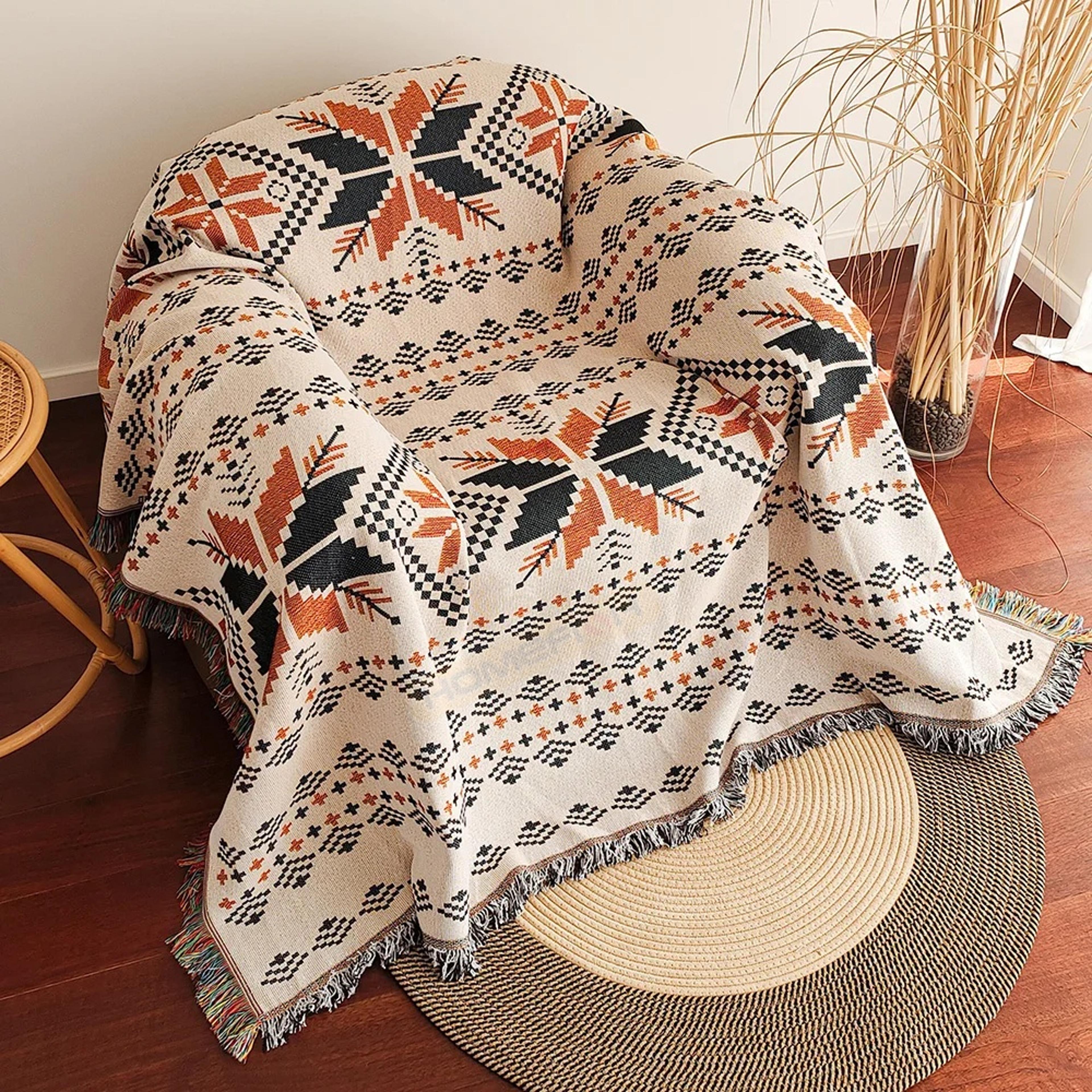 Oversized Aztec Throw Blanket With Fringe Boho Woven Southwestern Tapestry For Sofa Bed  Travel 1