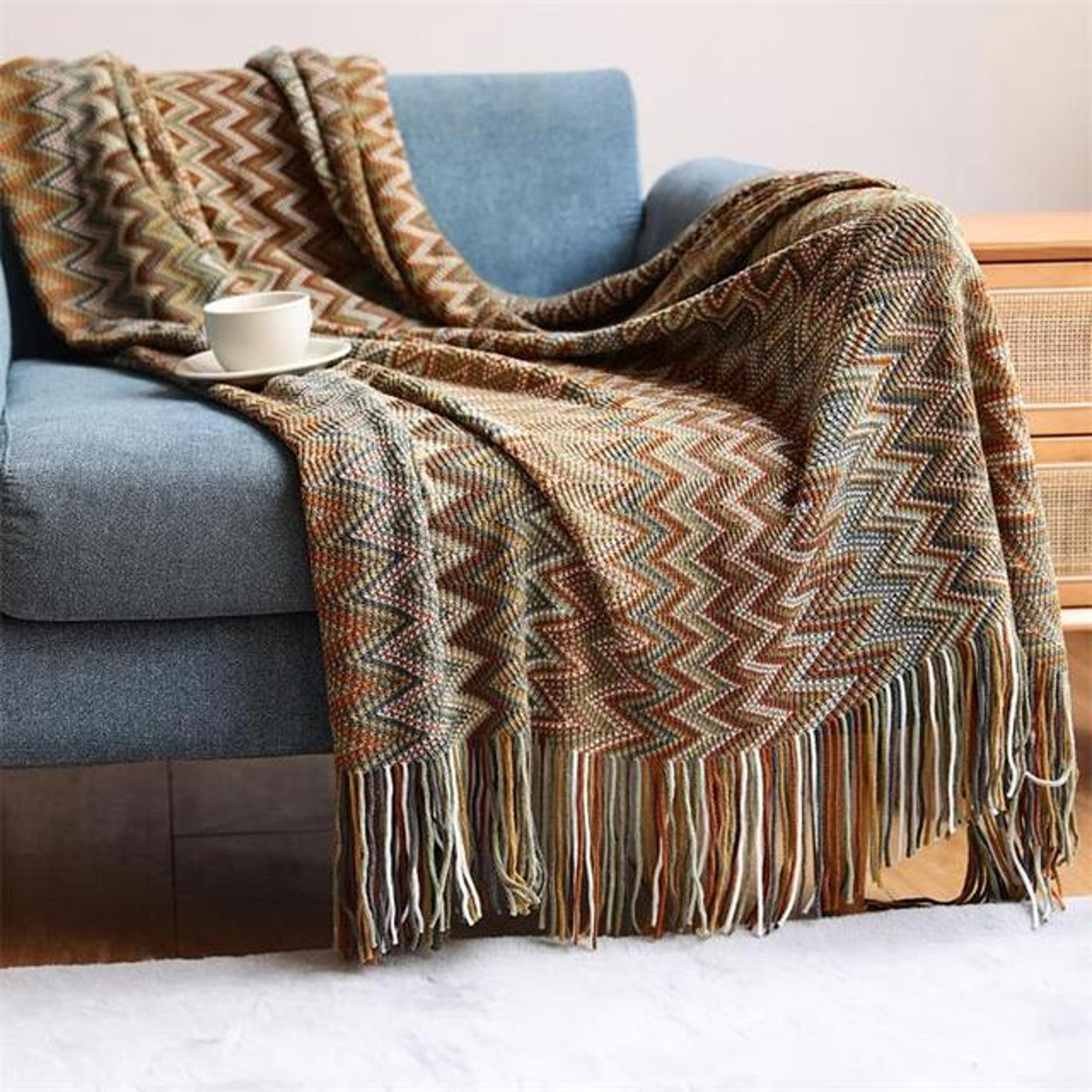 Boho Throw Blanket Knitted Striped Tassel Decorative Sofa  Bed Throw 7