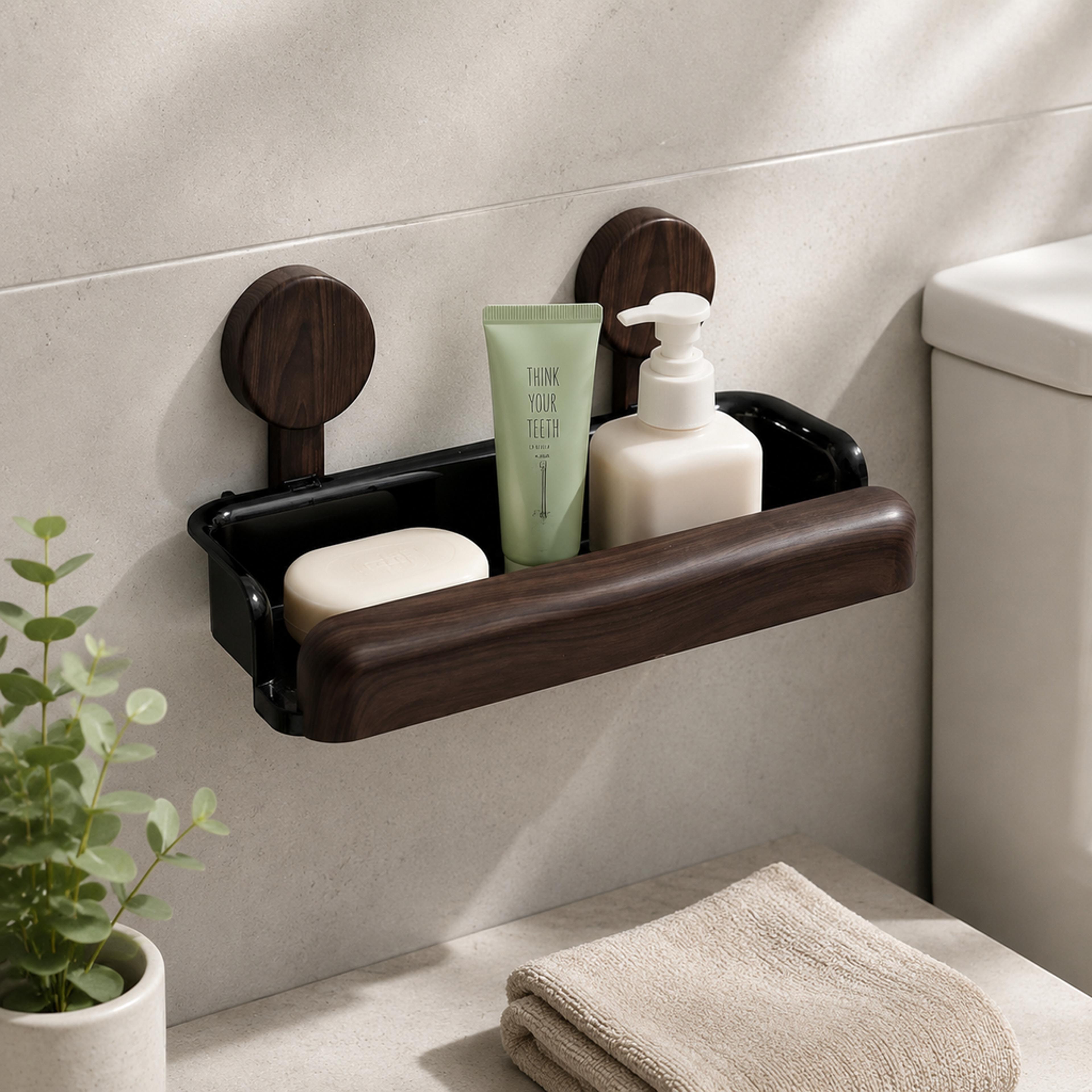 black suction shower shelf no drill bathroom organizer with wood look accent