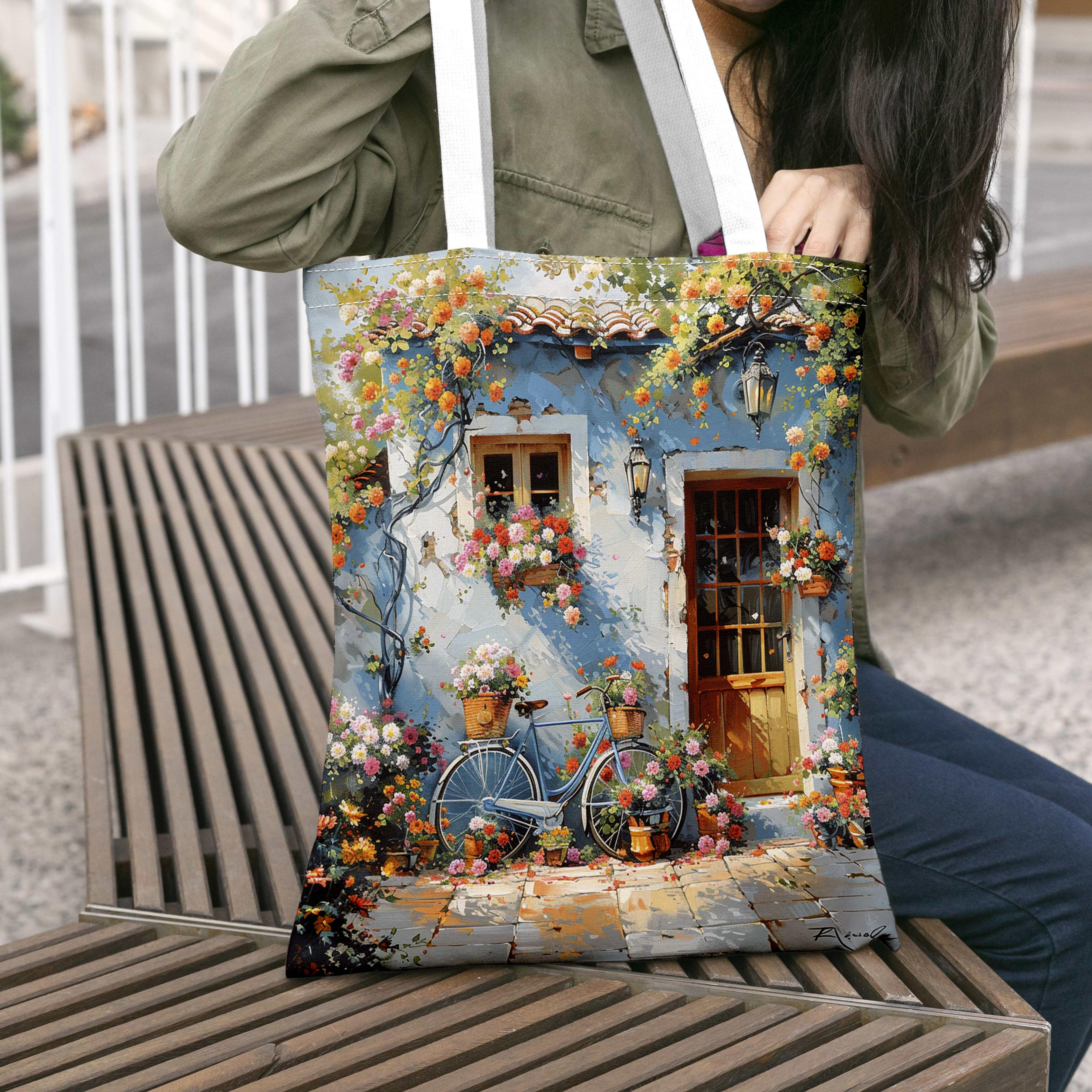 country side bicycle print canvas tote bag spacious cottagecore shopping handbag