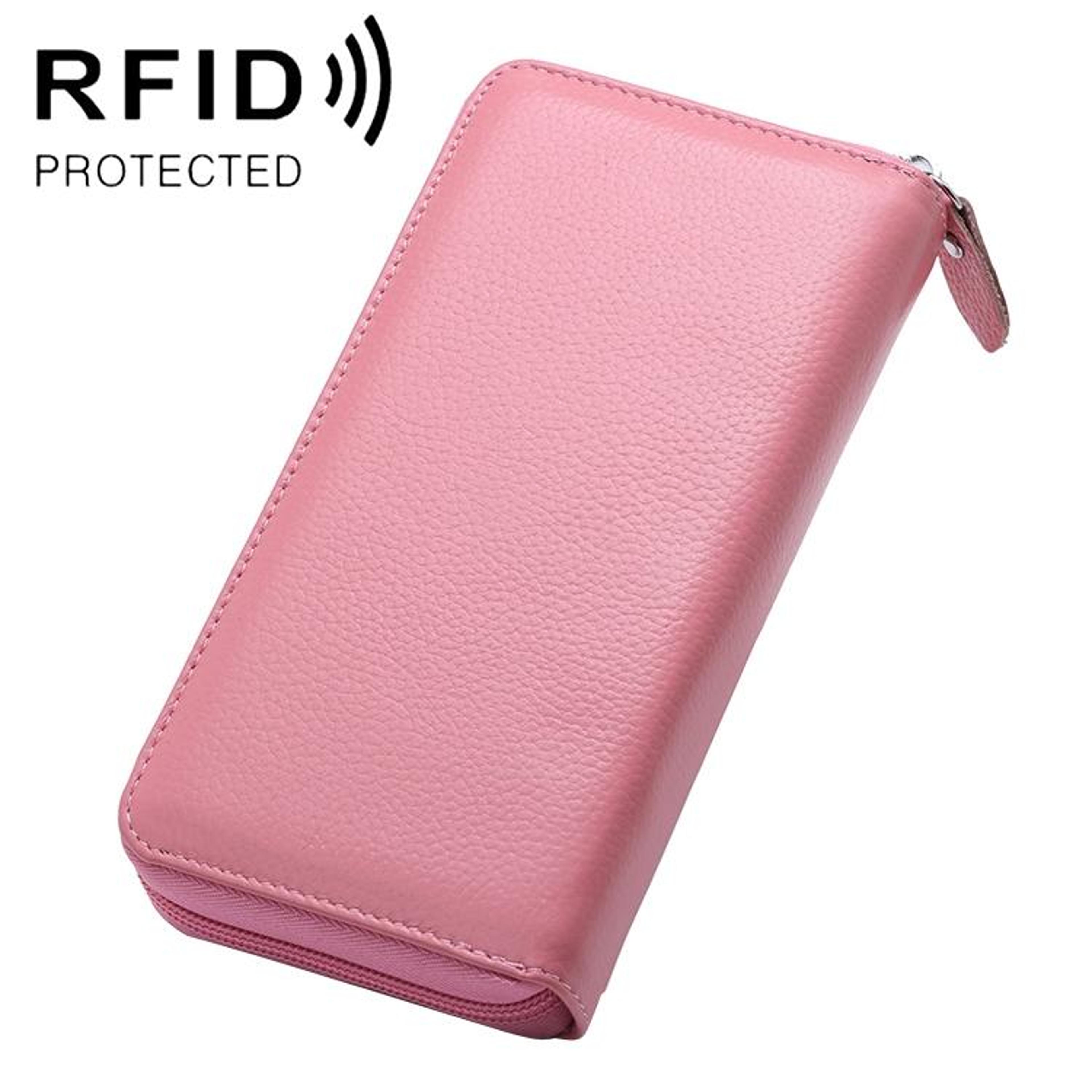 rfid blocking women litchi cowhide leather zip wallet phone clutch bag in pink