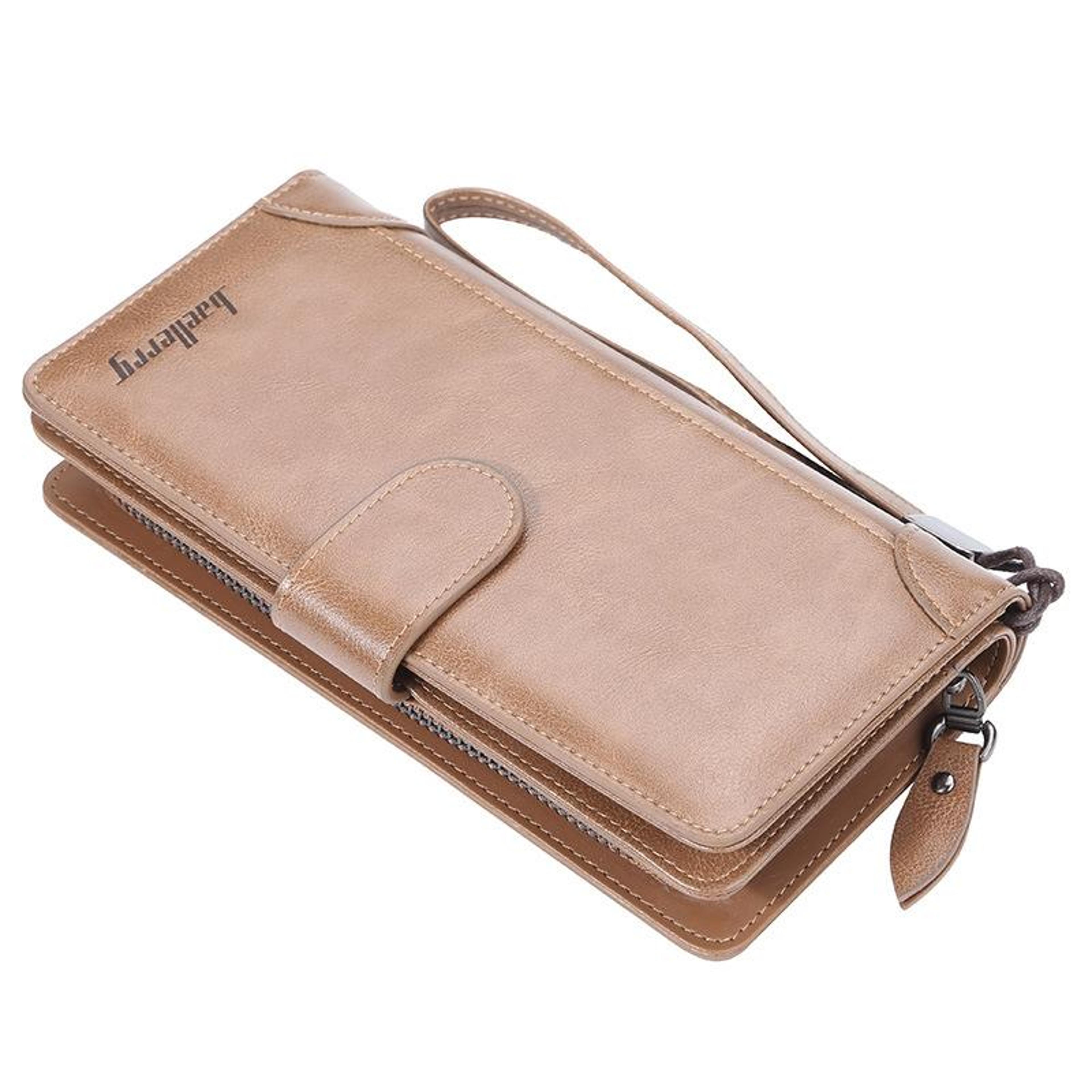 mens brown pu leather wallet with zipper clutch and detachable wrist strap