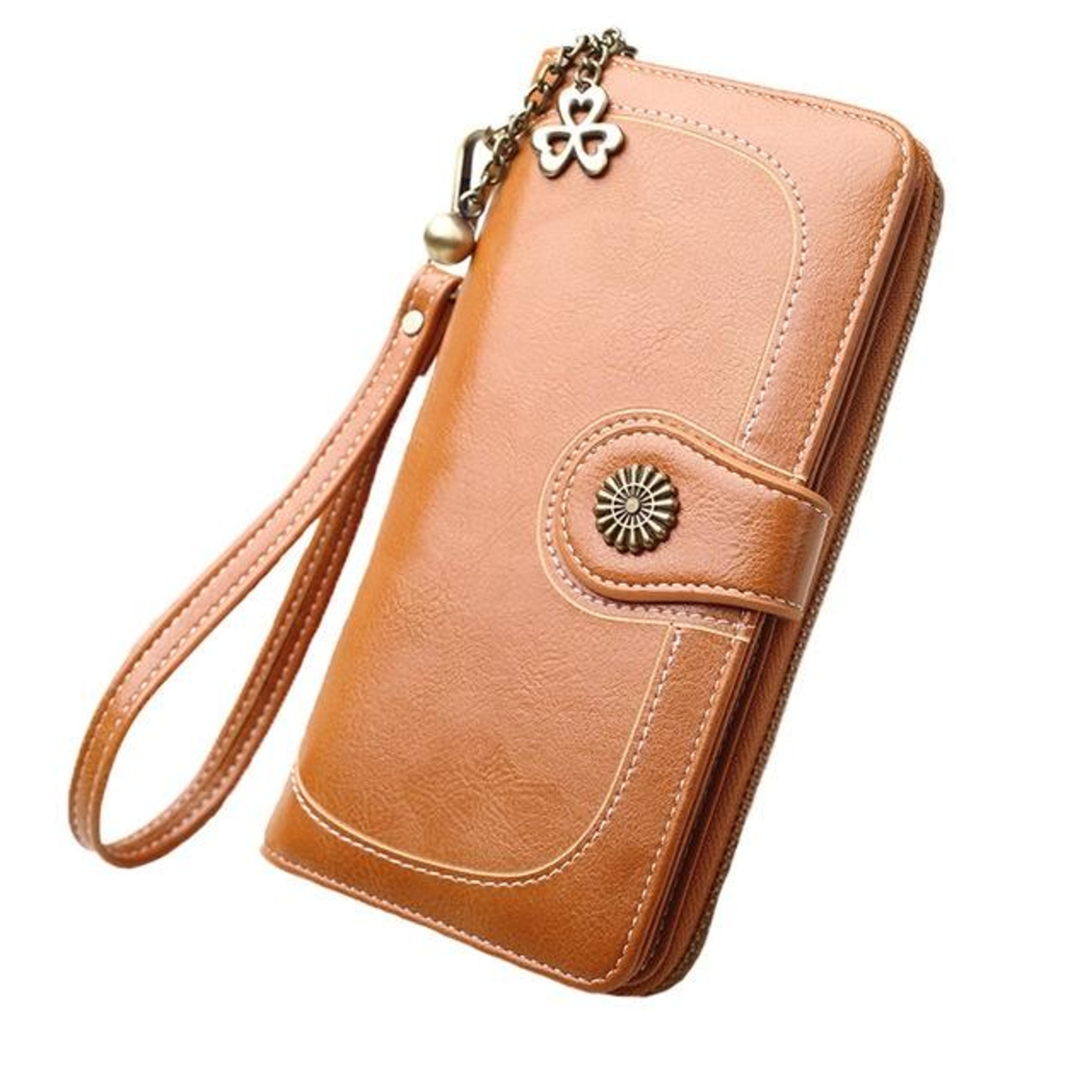 vintage womens long wallet with floral button details and zipper closure