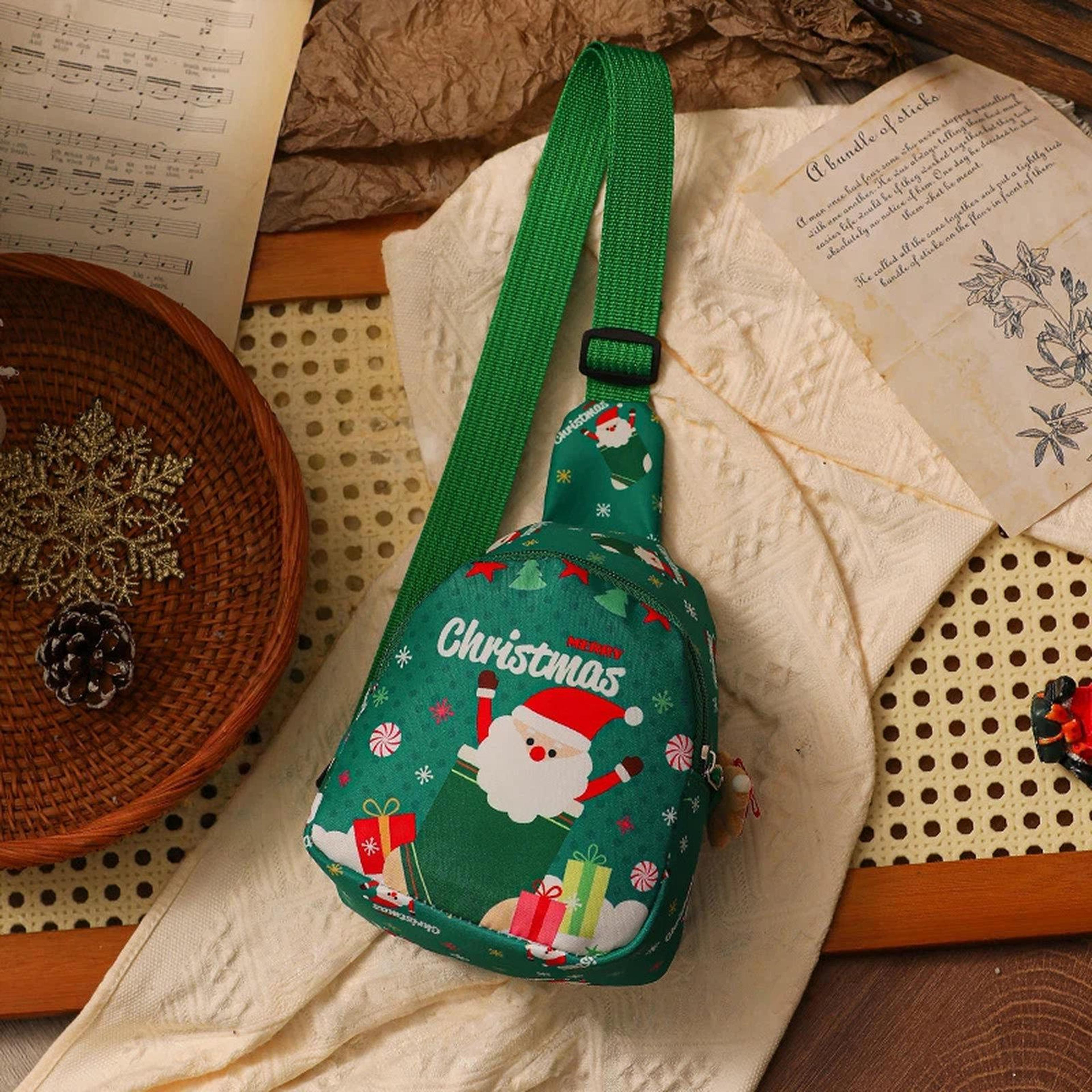 kids christmas sling bag with adjustable strap and gingerbread charm green