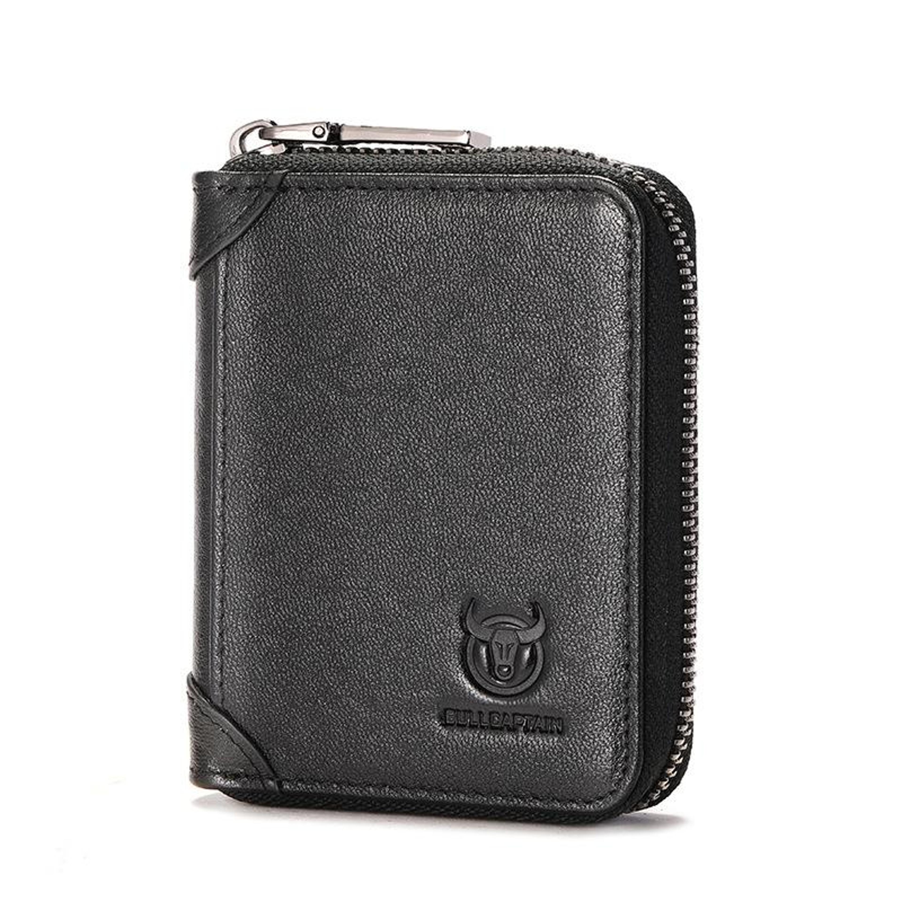 anti theft cowhide leather card holder wallet with zipper and nfc blocking black
