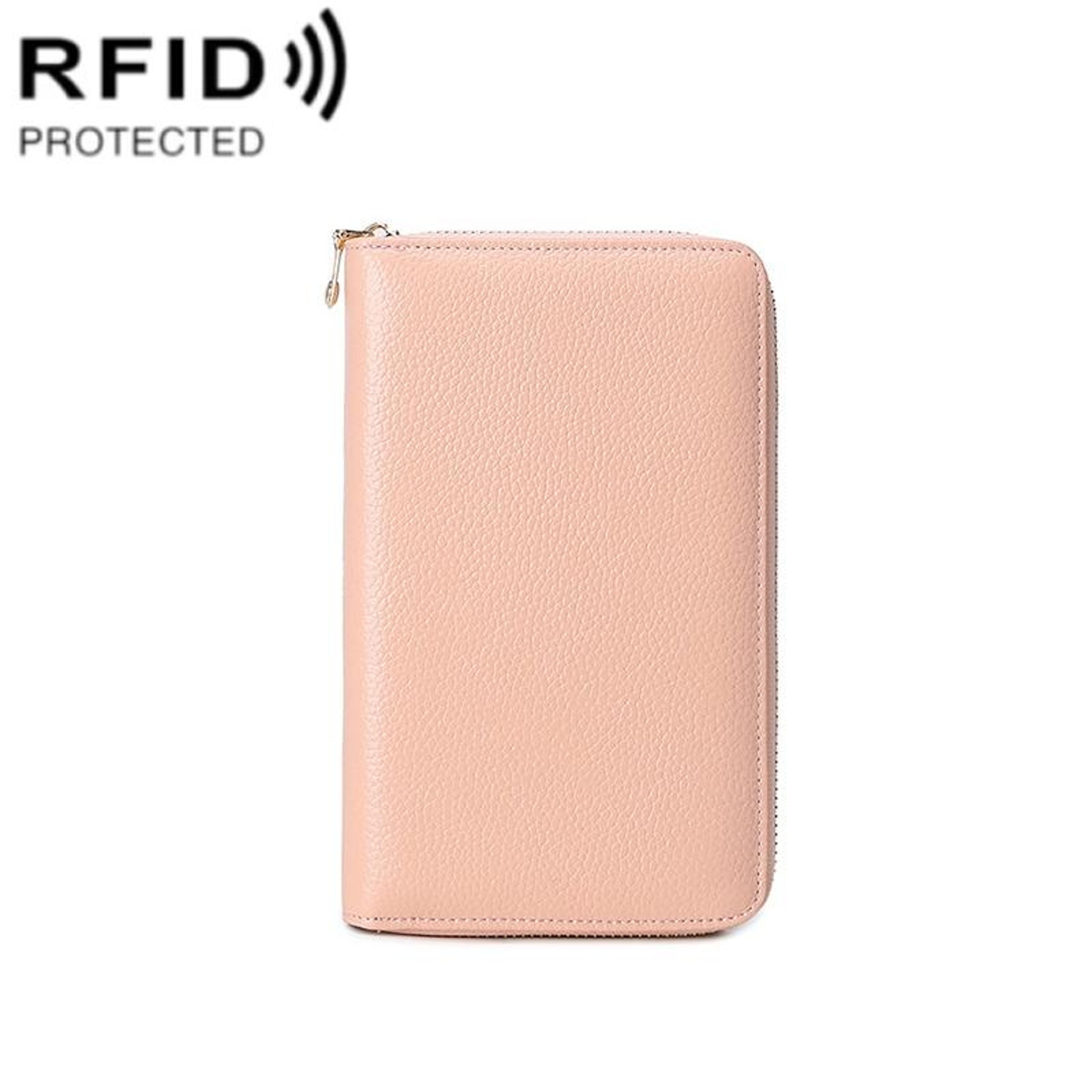 cowhide leather passport wallet with multi-compartment storage baby pink