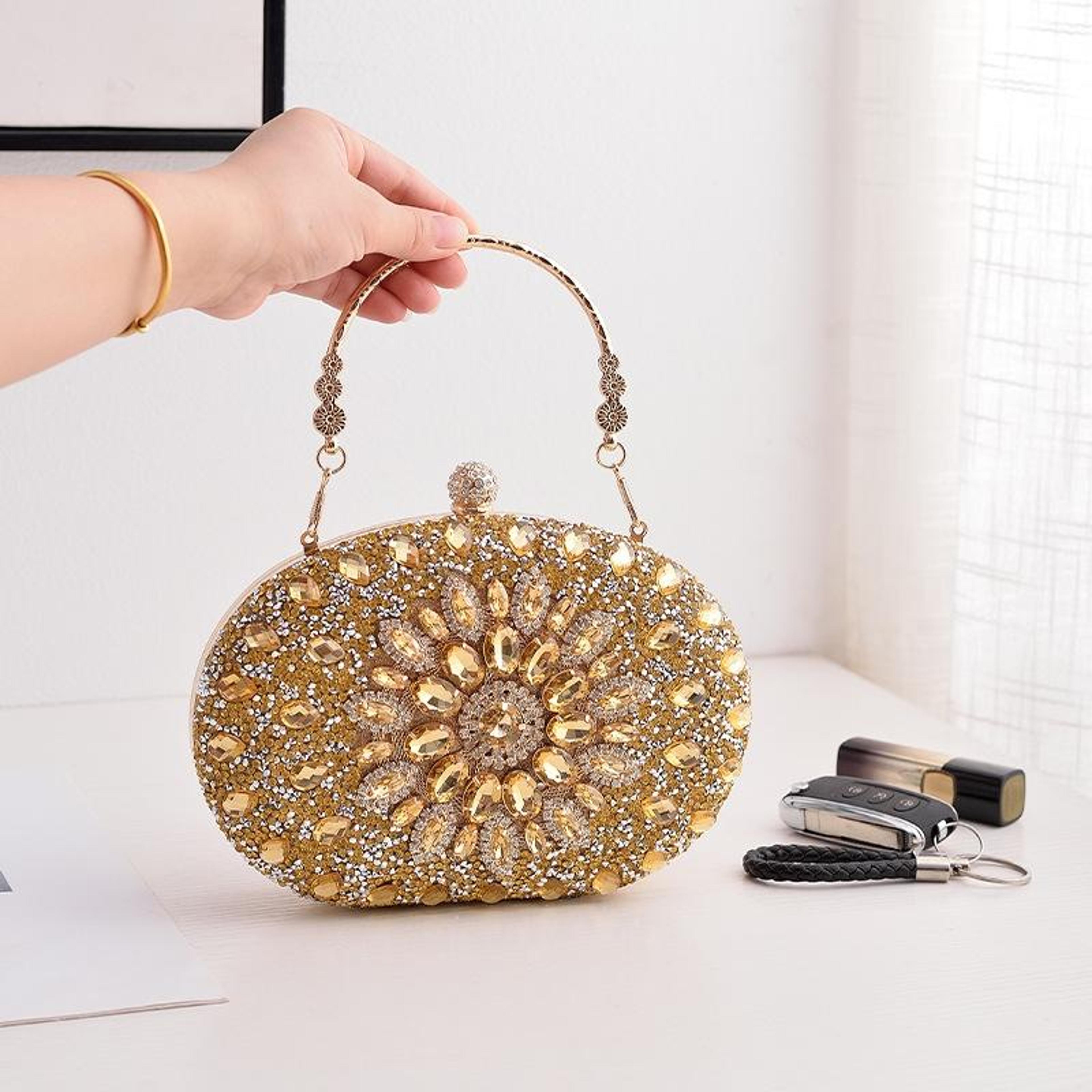 gold oval sunflower diamond evening clutch bag for parties