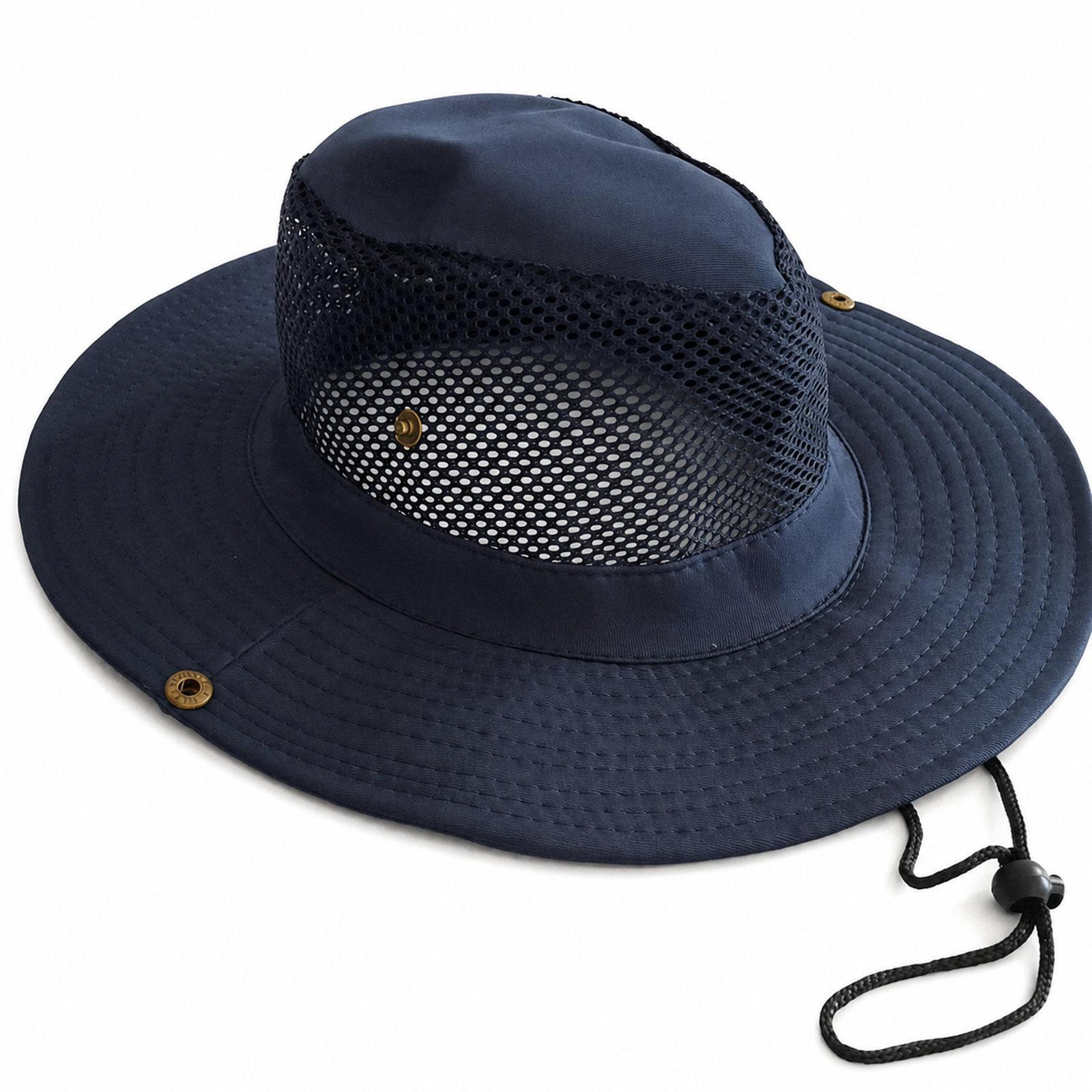 mens mesh safari sun hat with wide brim and adjustable chin strap