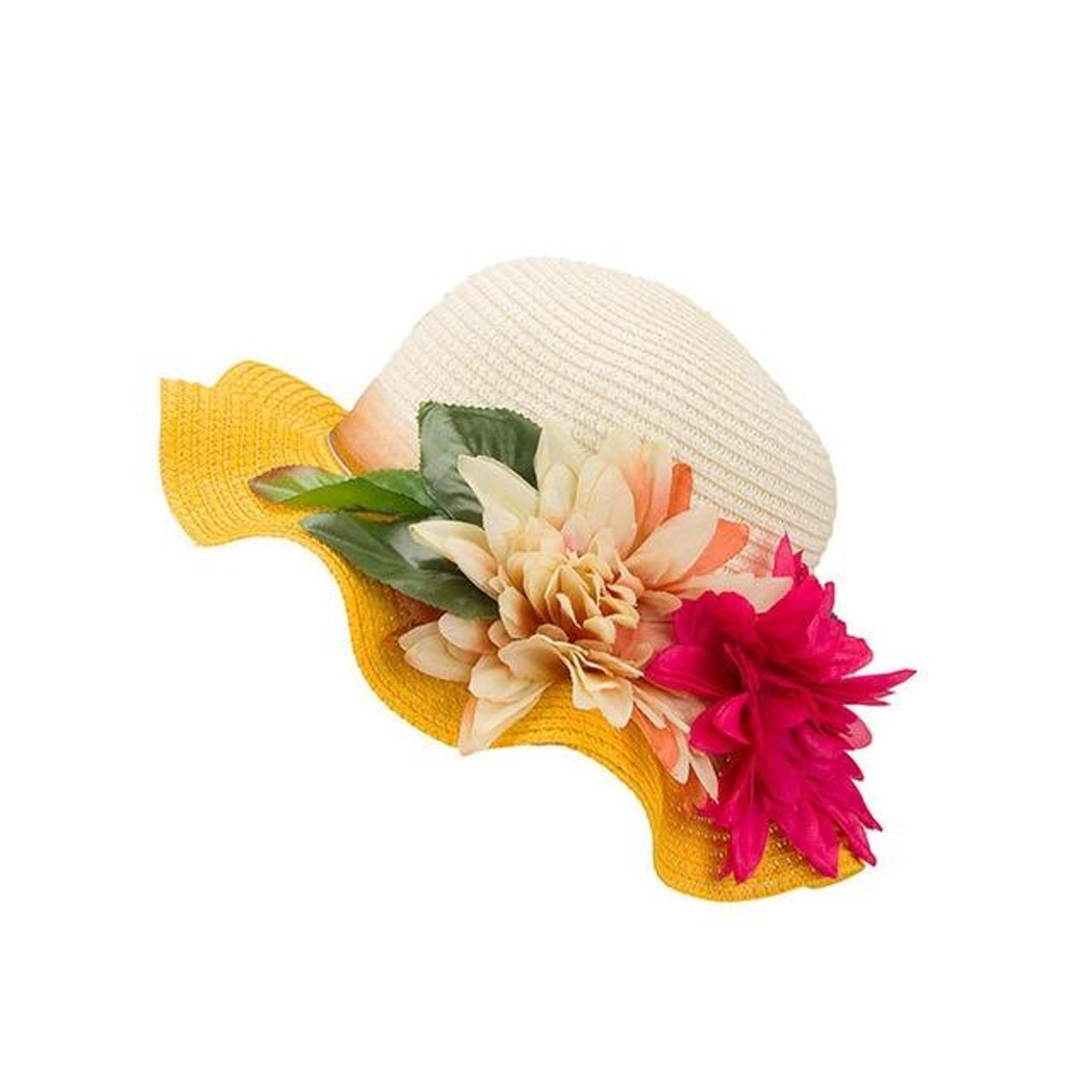 womens straw sun hat with large brim and flower detail