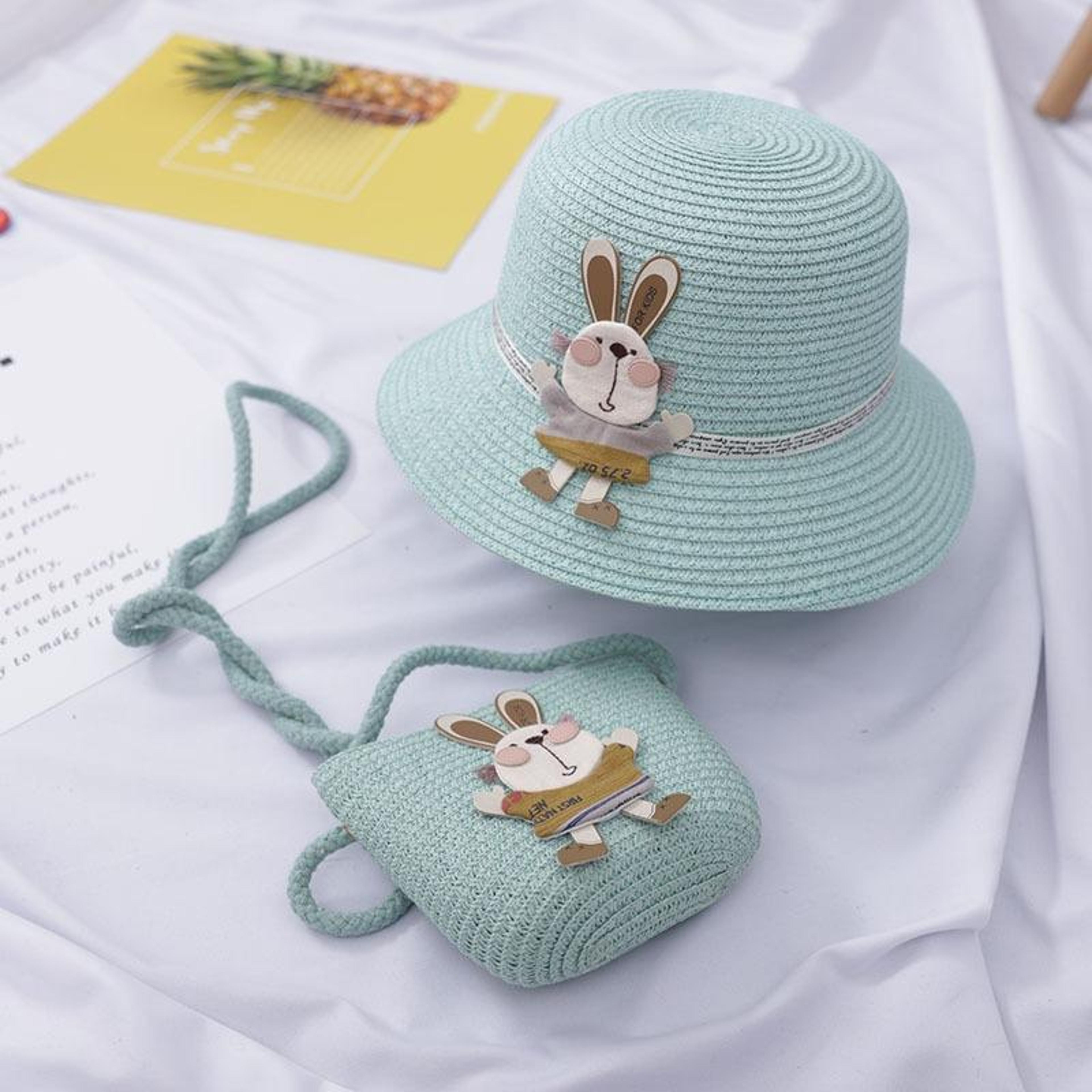 kids straw sun hat and matching bag set in mint green