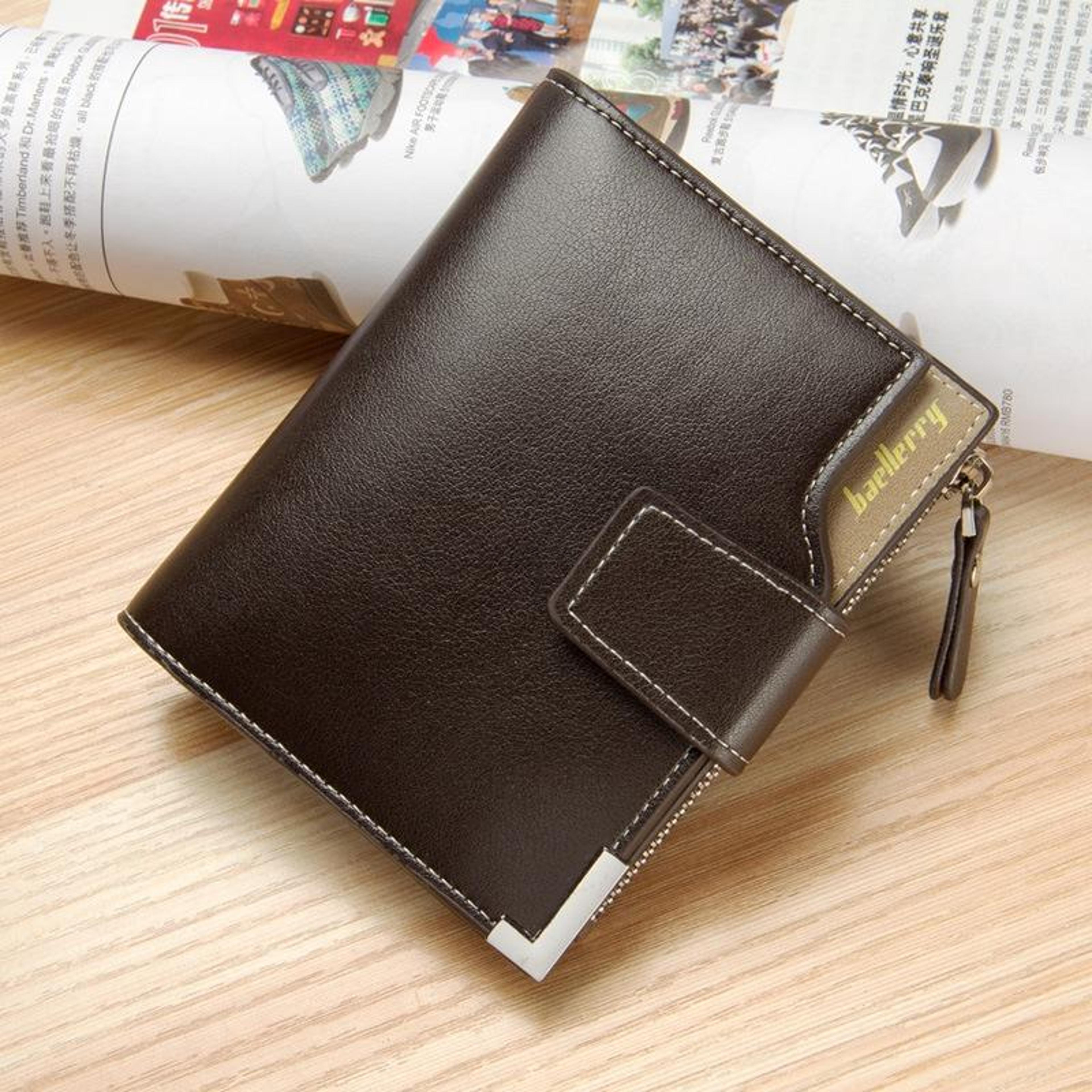 mens tri fold wallet with zipper closure and multiple card slots