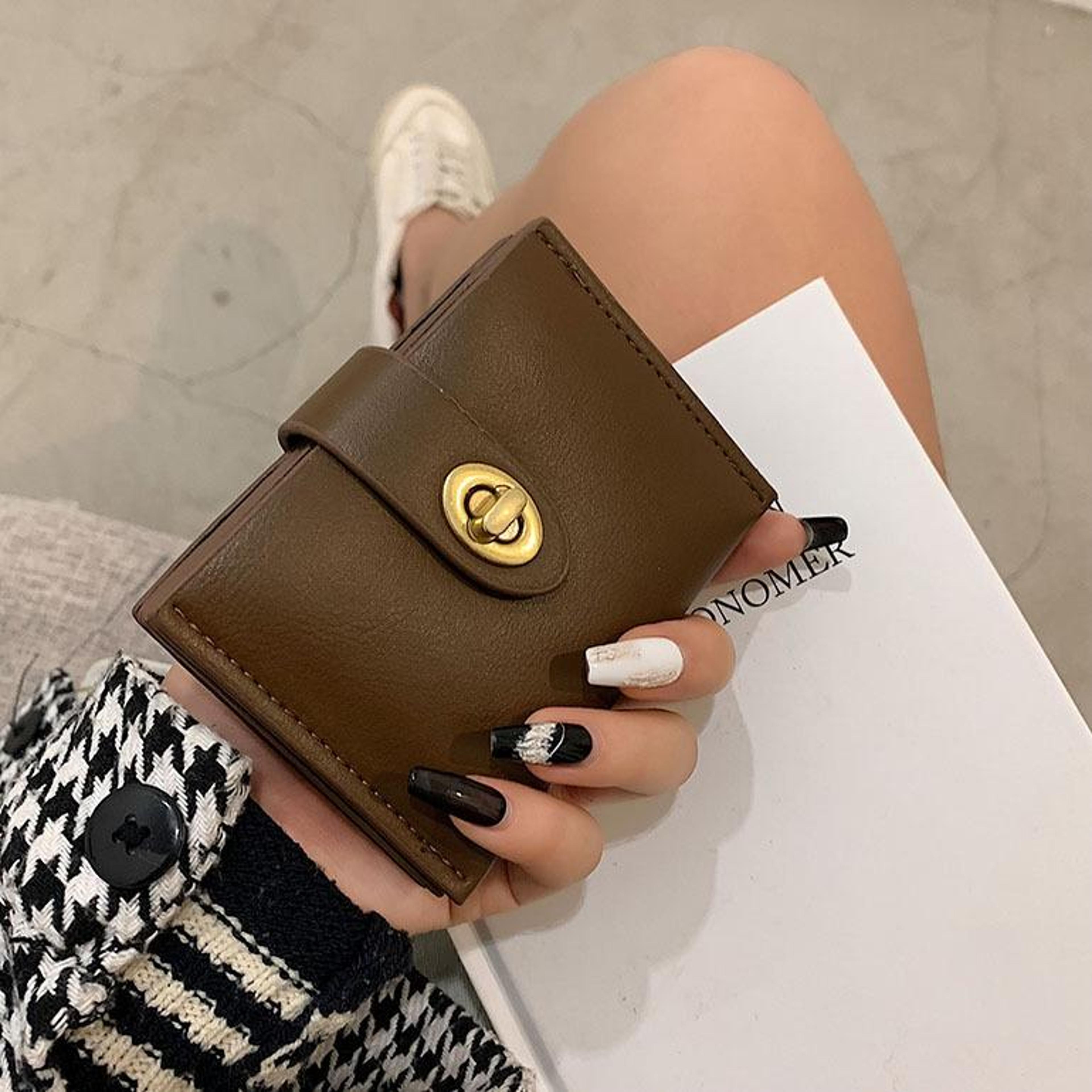 mini pu leather card holder wallet with multiple slots and metal lock