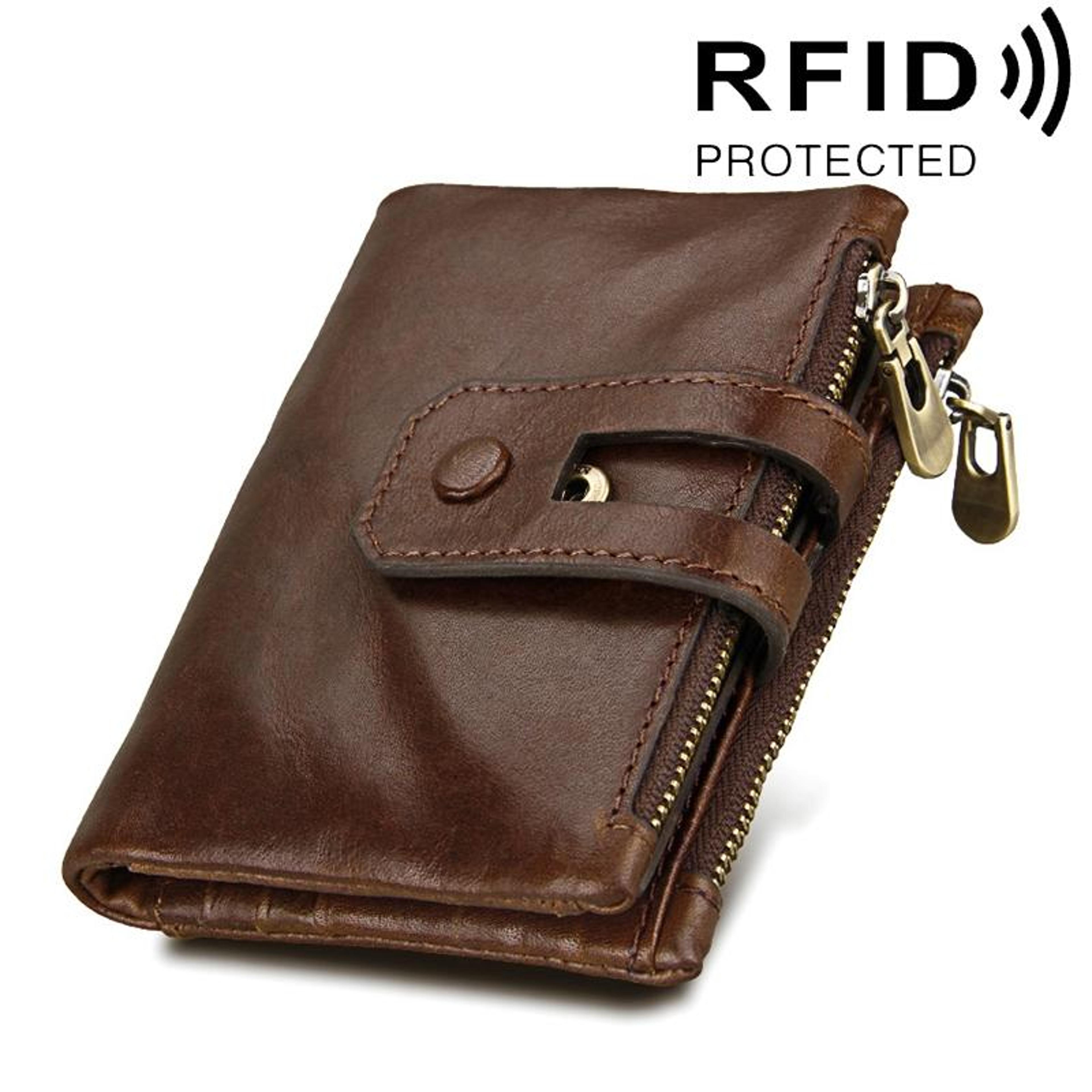 genuine cowhide leather rfid blocking trifold wallet with zippered coin pocket