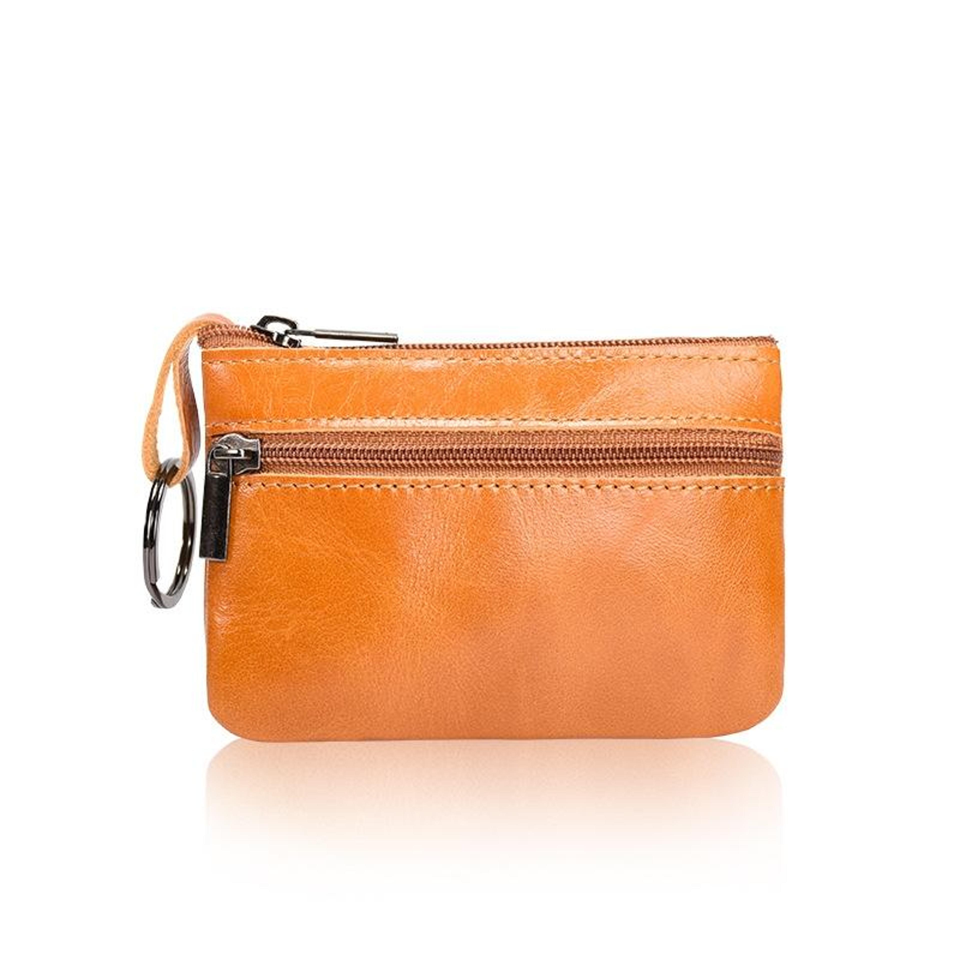 genuine leather mini coin purse with zipper compartments and keychain