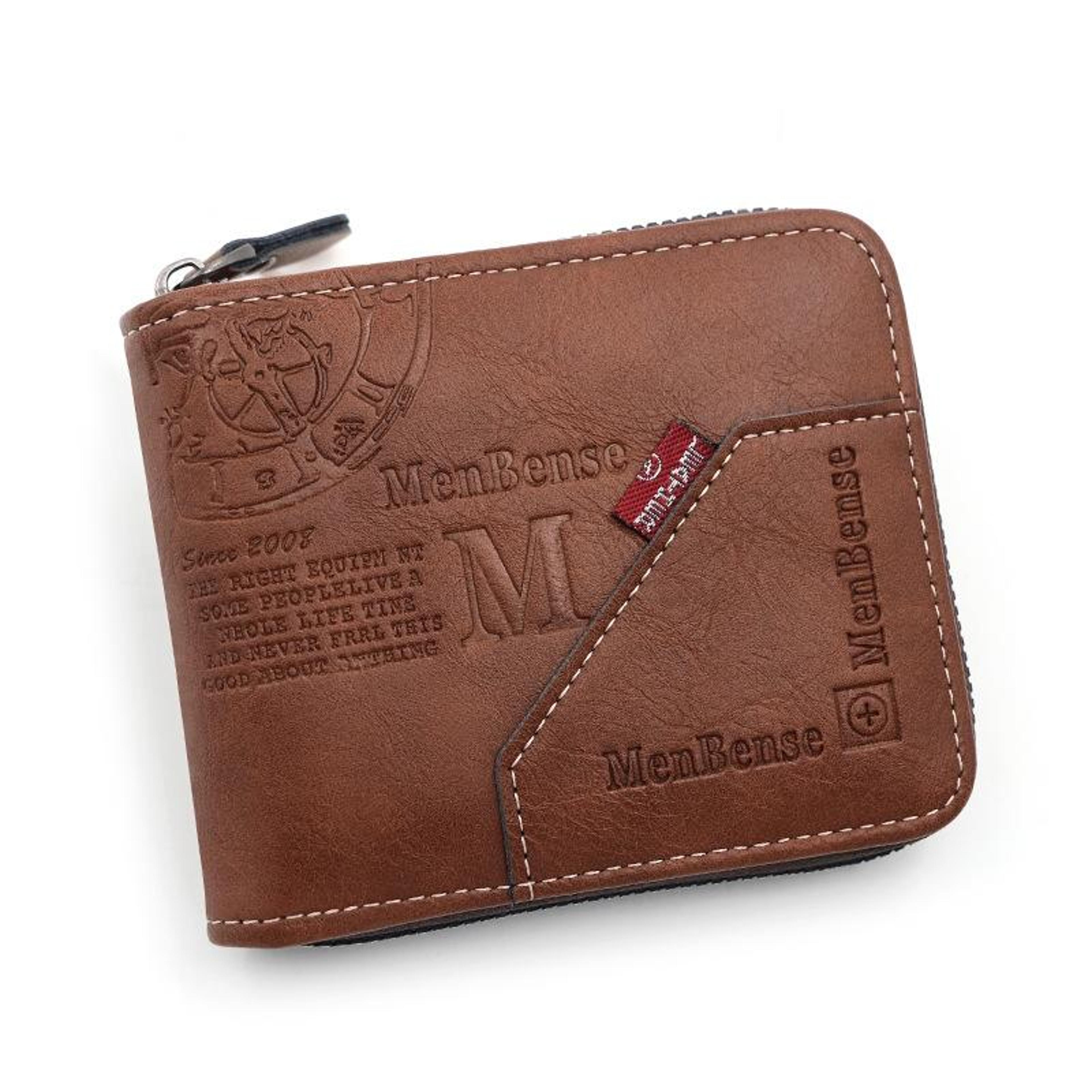 mens trifold zipper wallet with coin pocket and multiple card slots