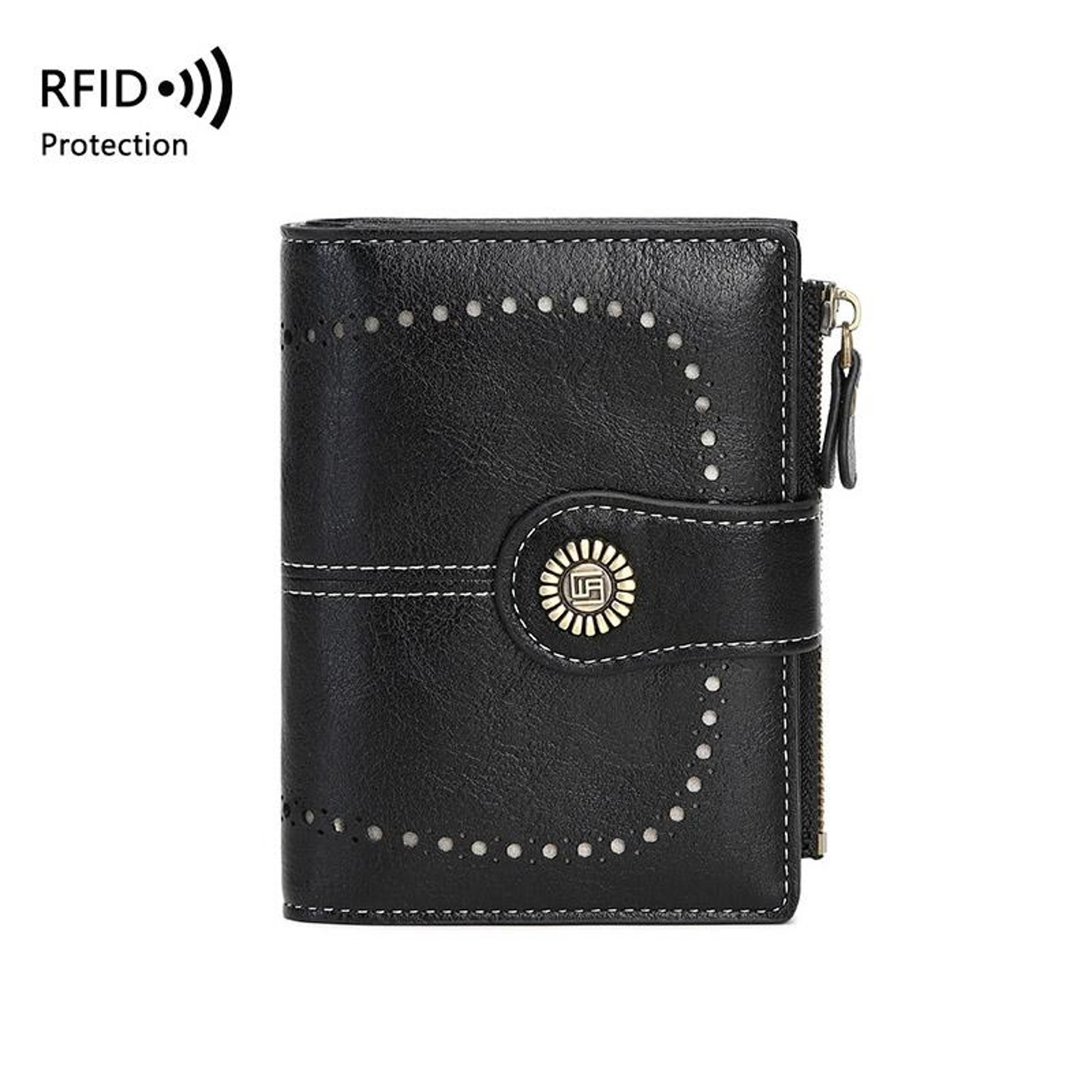 womens rfid blocking short wallet with multiple card slots and zipper closure