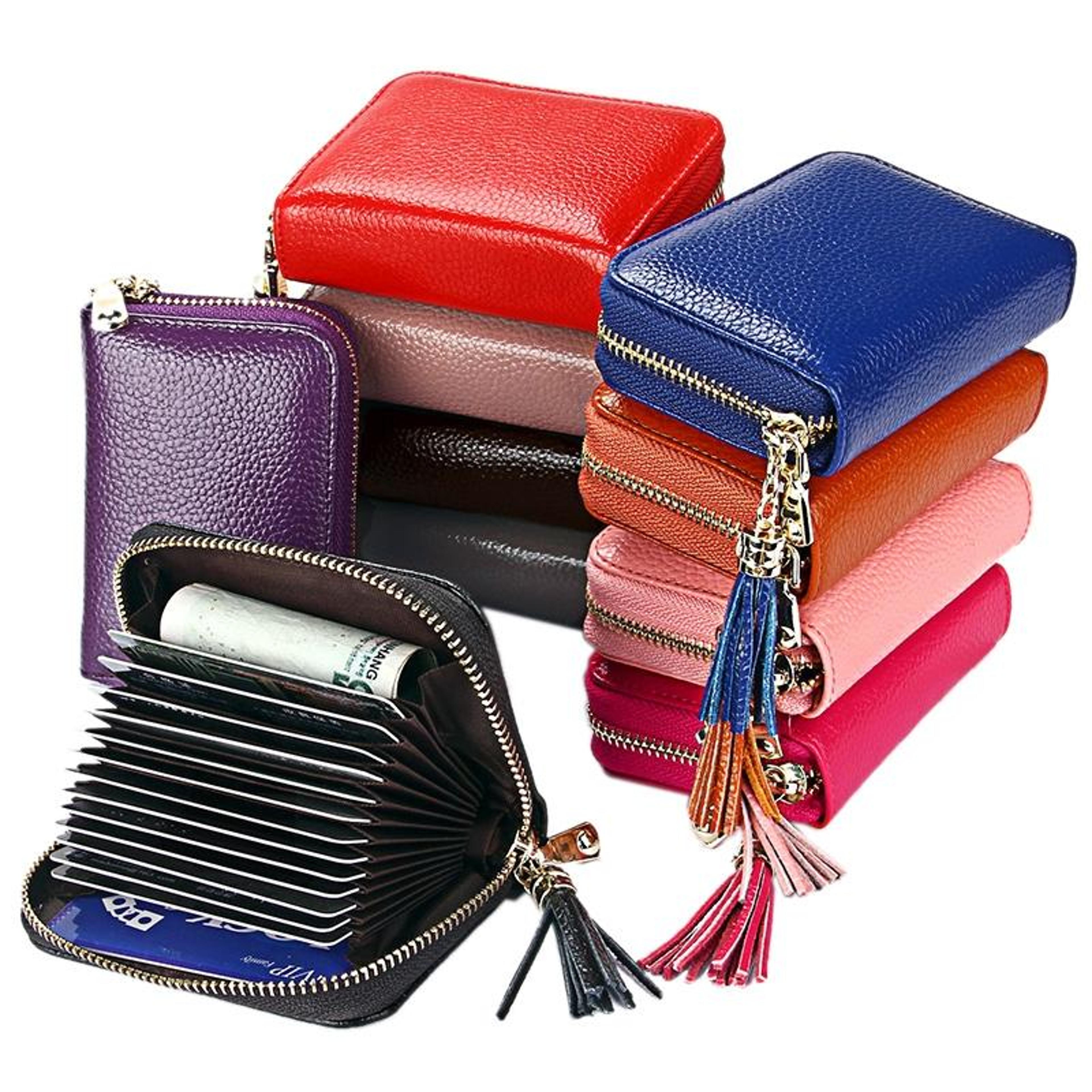 Womens Genuine Cowhide Leather RFID Blocking Card Holder Wallet With Zipper 10