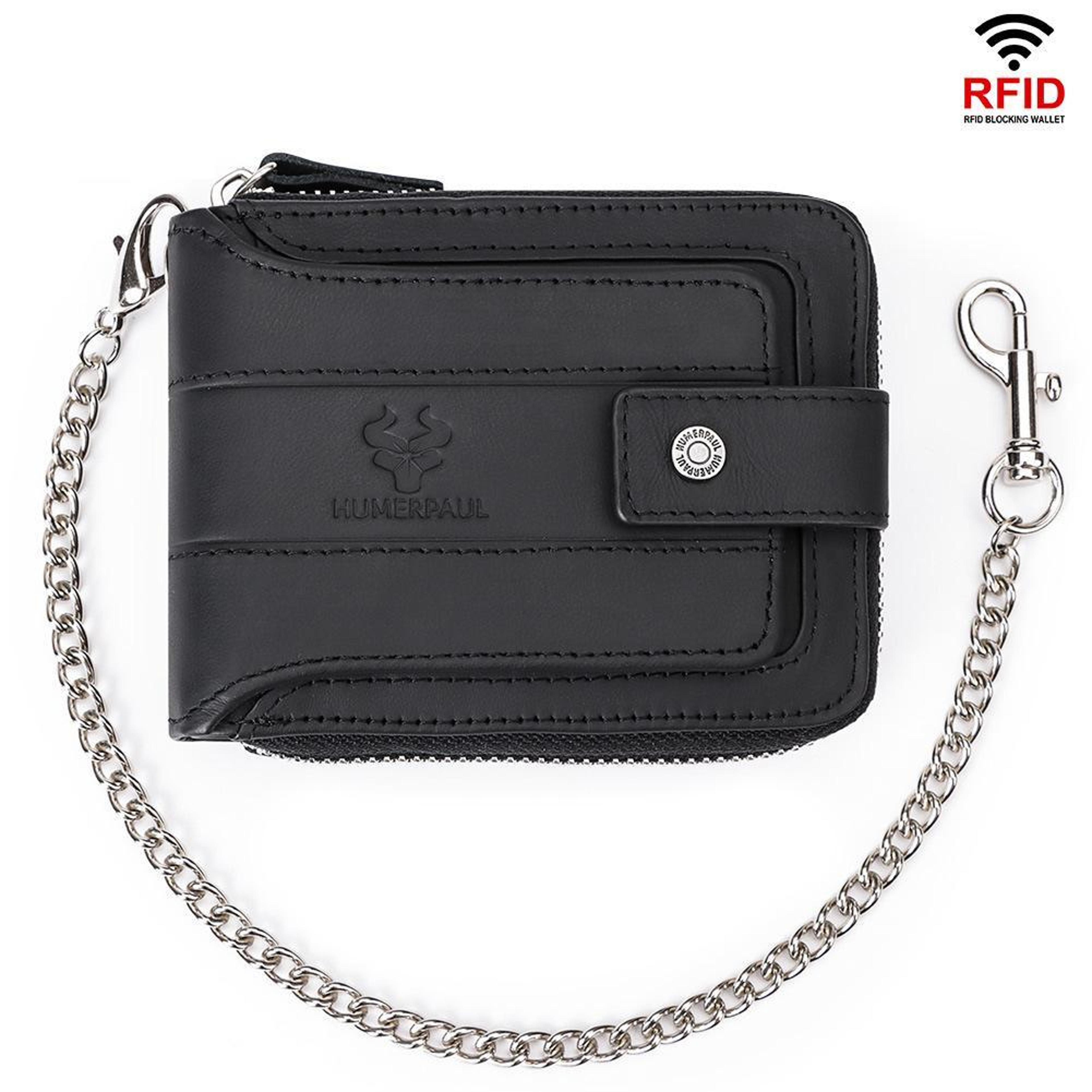 mens leather rfid wallet with zipper closure and multiple card slots