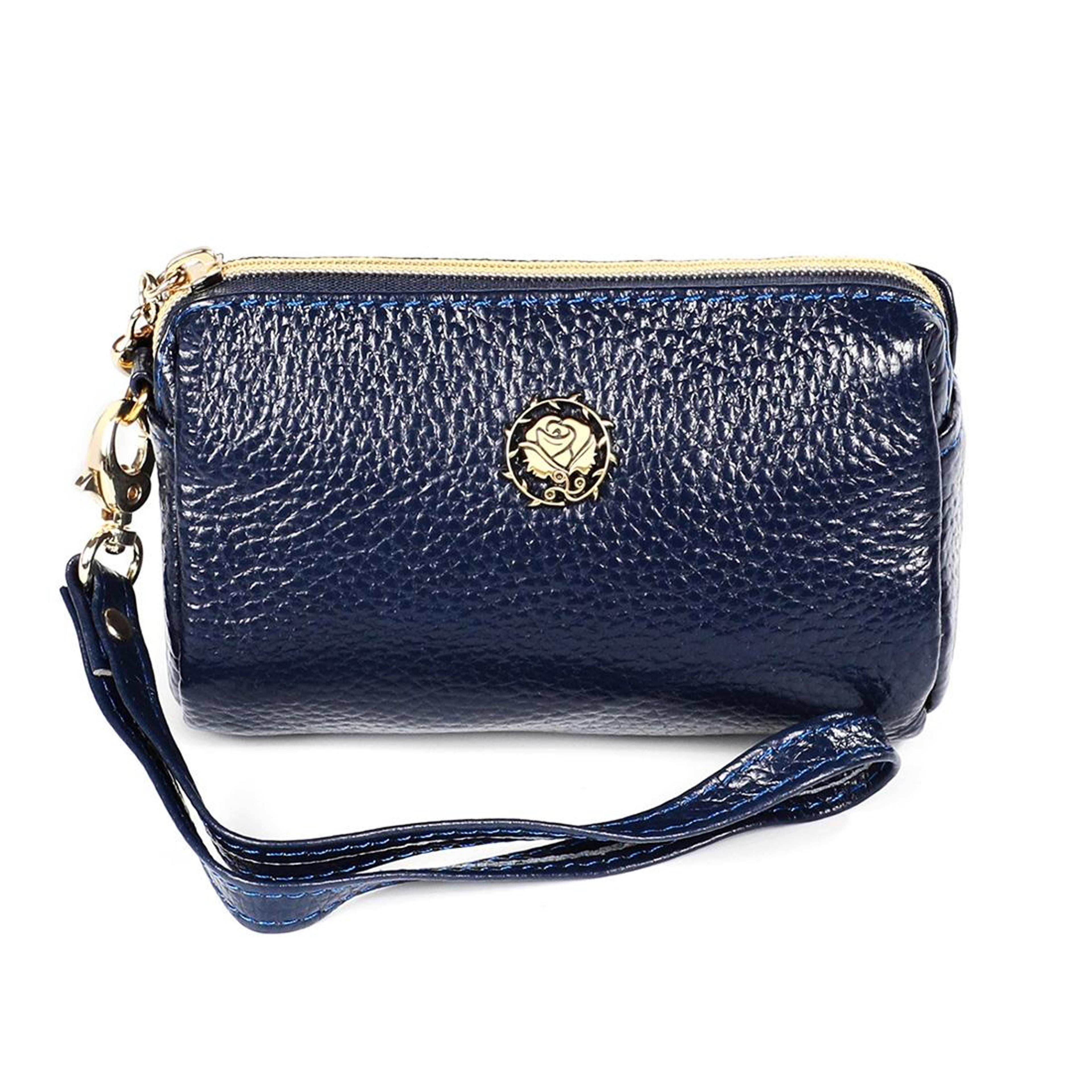 womens genuine leather zipper wallet purse with lanyard and cosmetic pouch