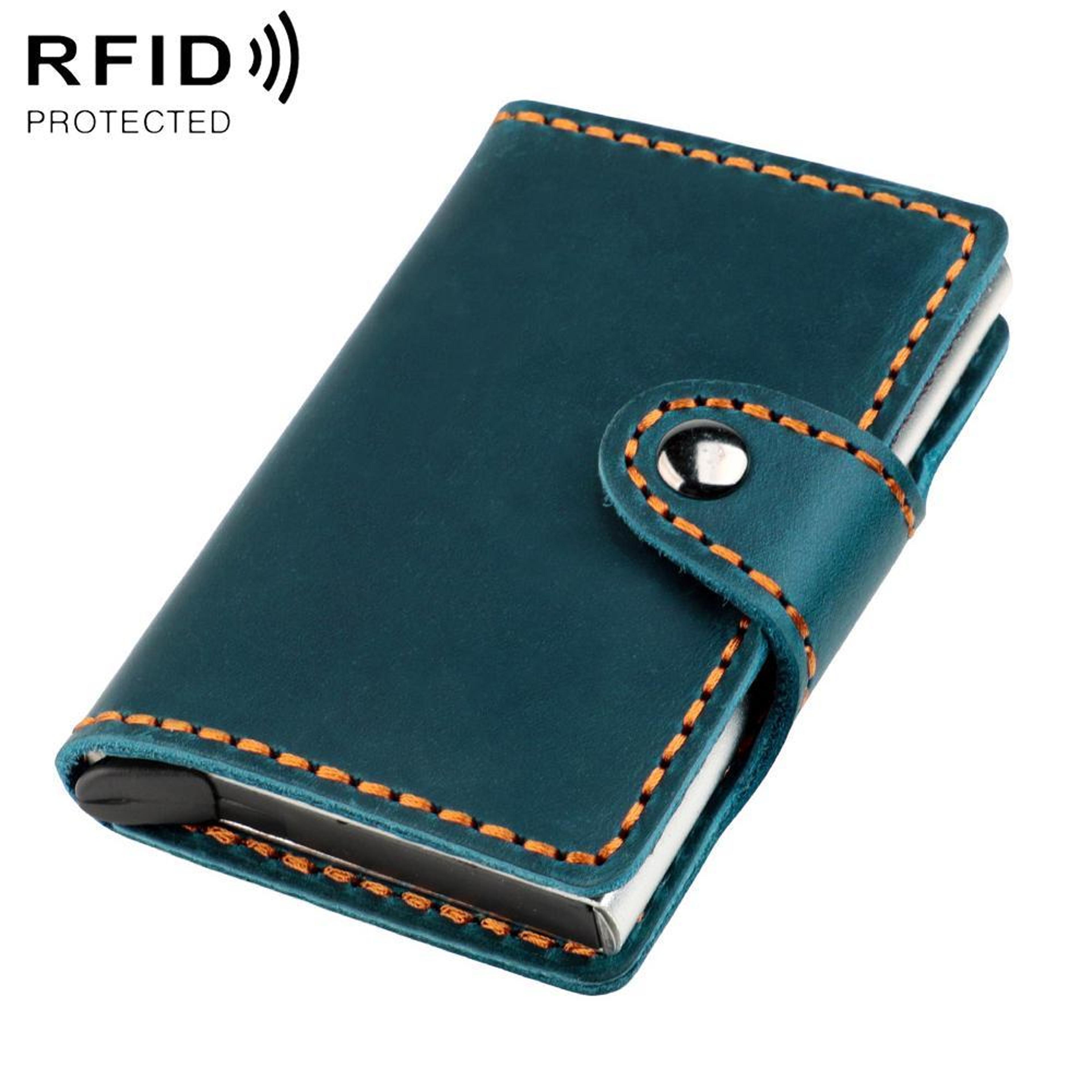 genuine leather rfid card holder with automatic pop up aluminum case