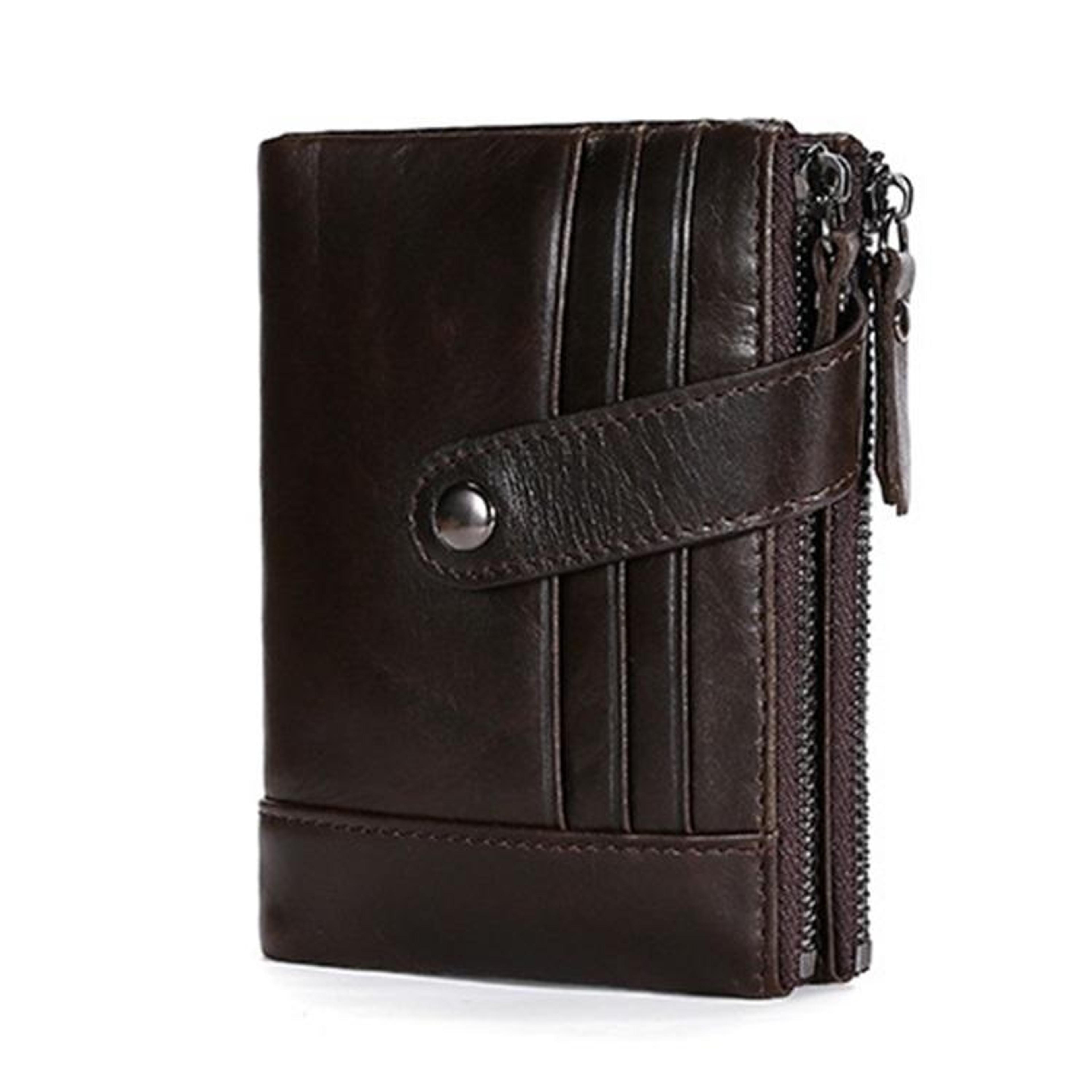 retro cowhide leather wallet with dual zippers and multiple card slots
