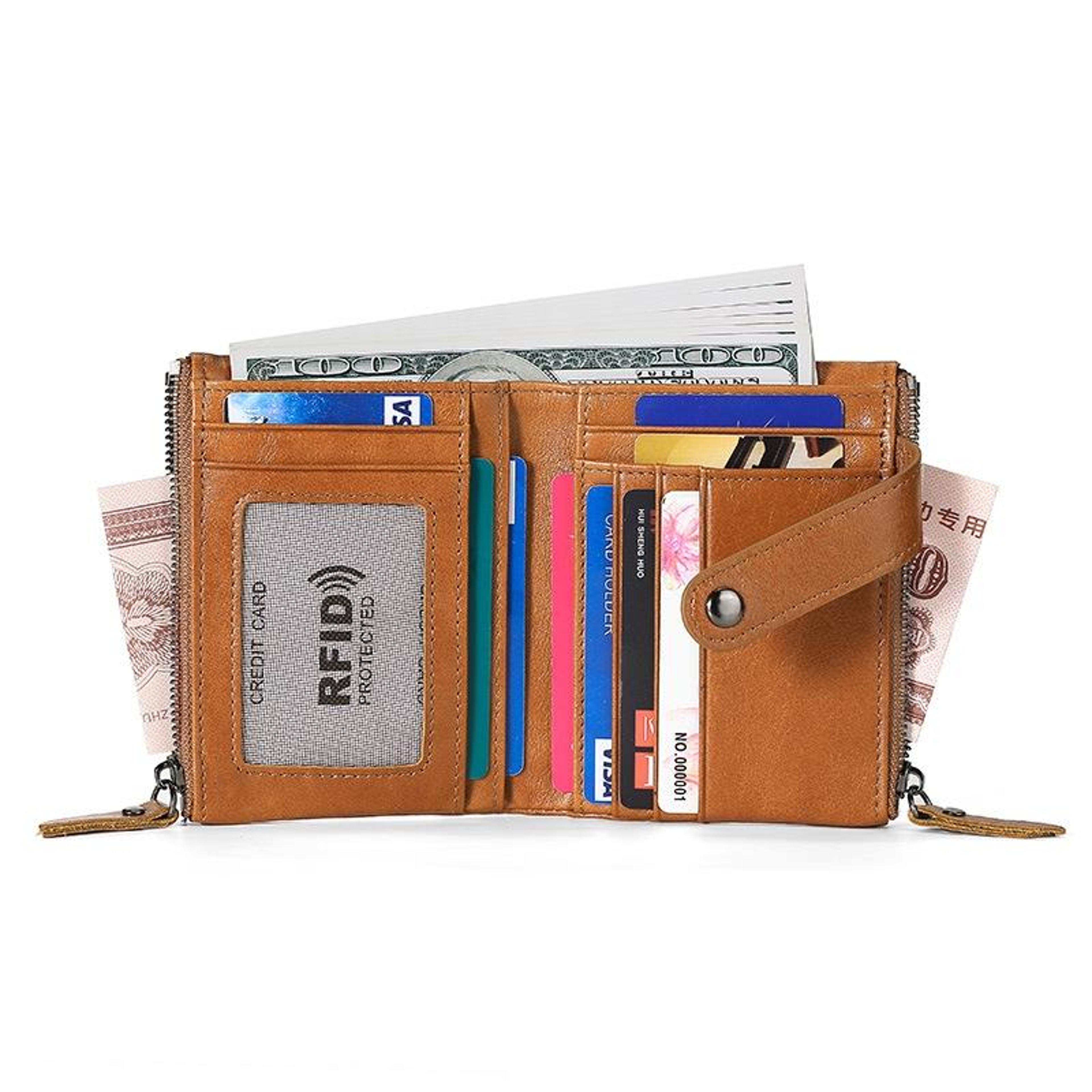 Retro Cowhide Leather Wallet With Dual Zippers And Multiple Card Slots 8