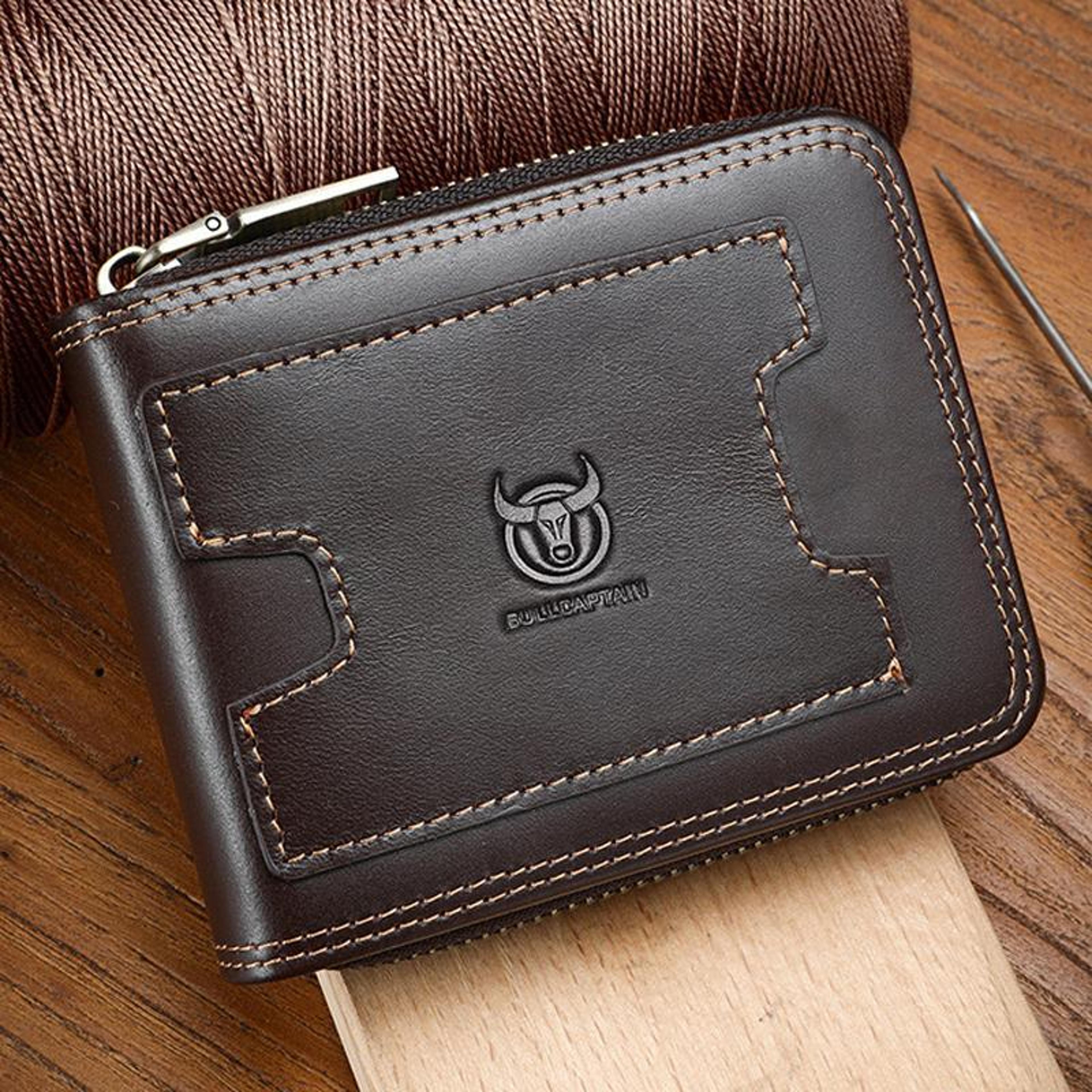 rfid blocking leather bifold wallet with zipper and multiple card slots