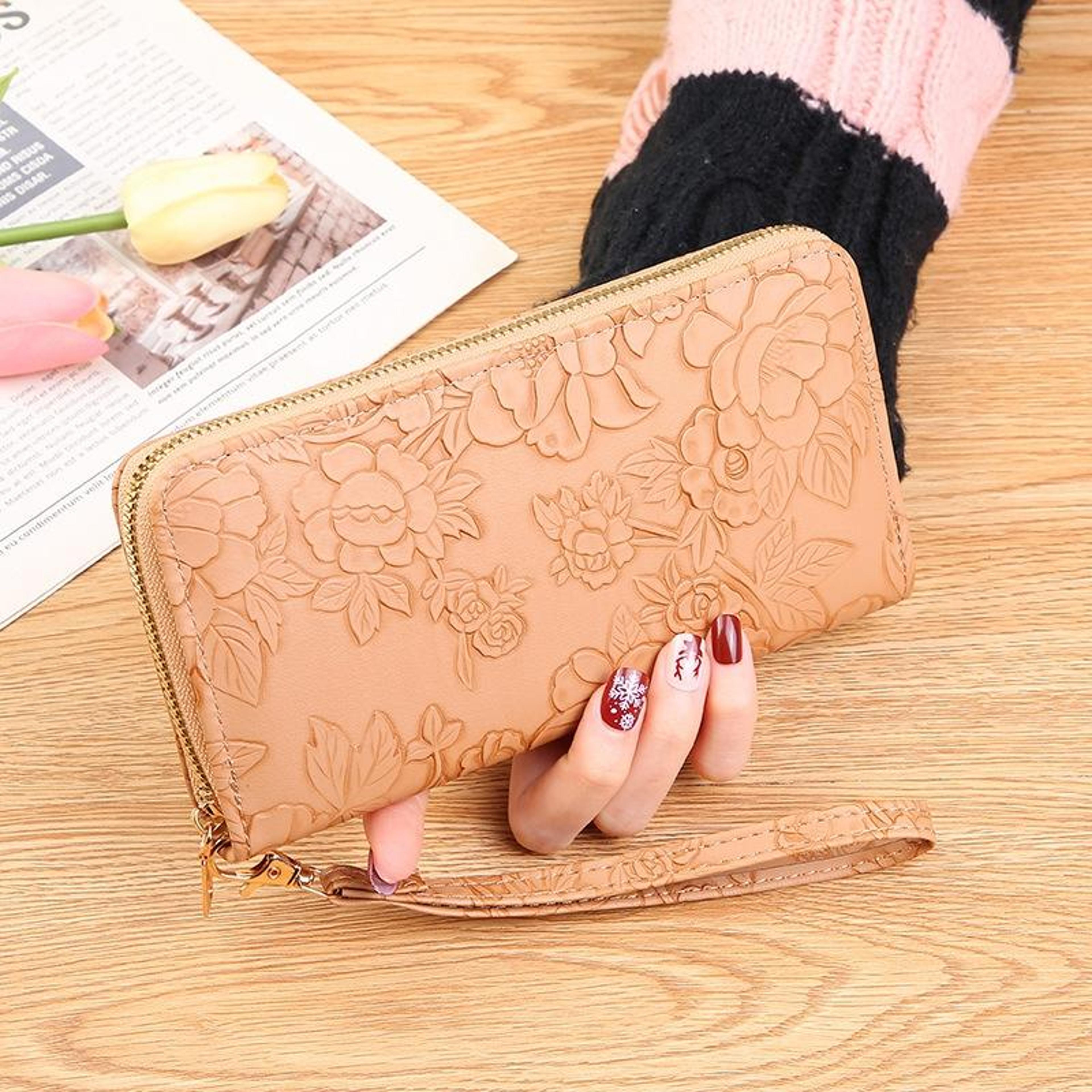 large capacity long zipper wallet with embossed design and multiple card slots