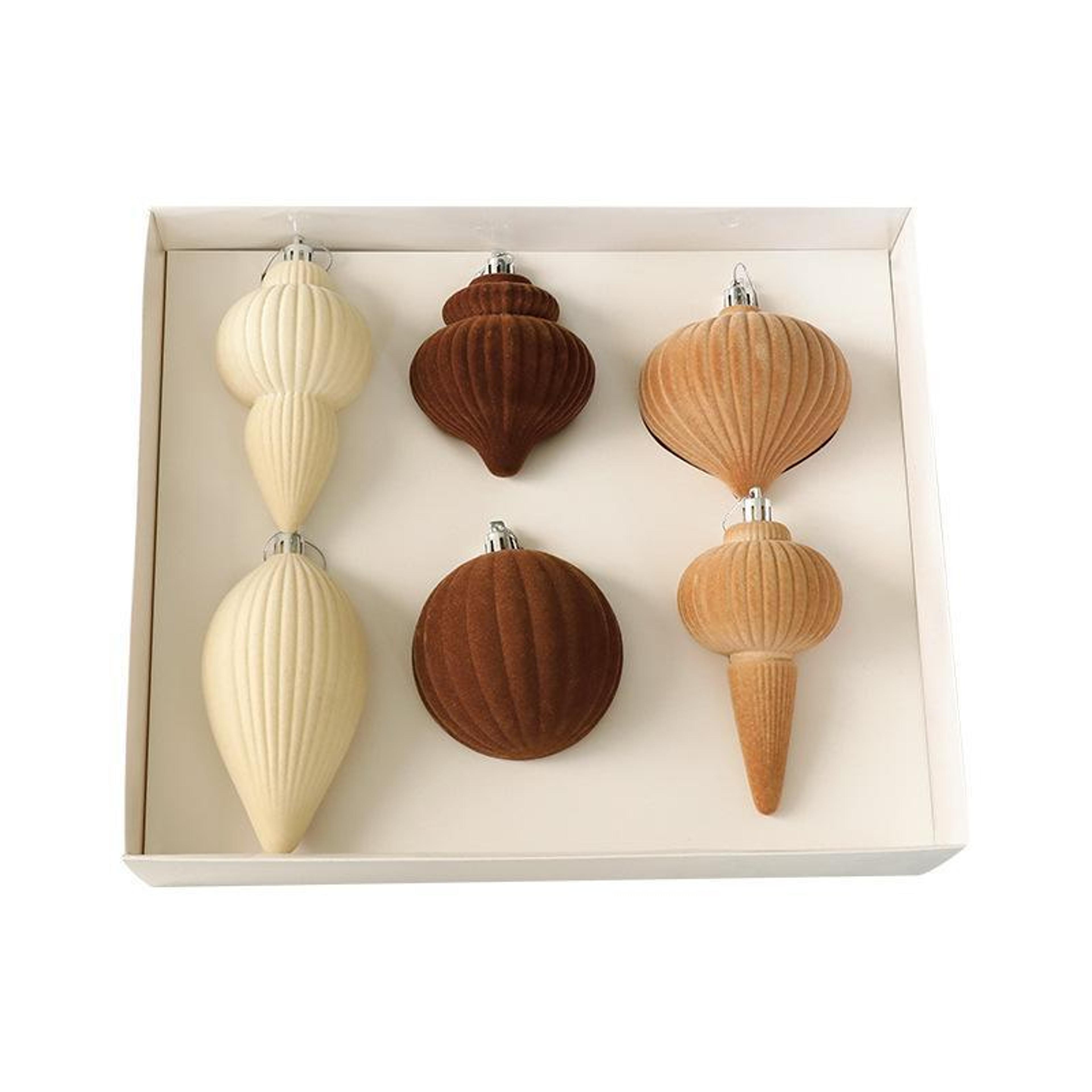 6 piece flocked christmas ball ornaments in beige and brown