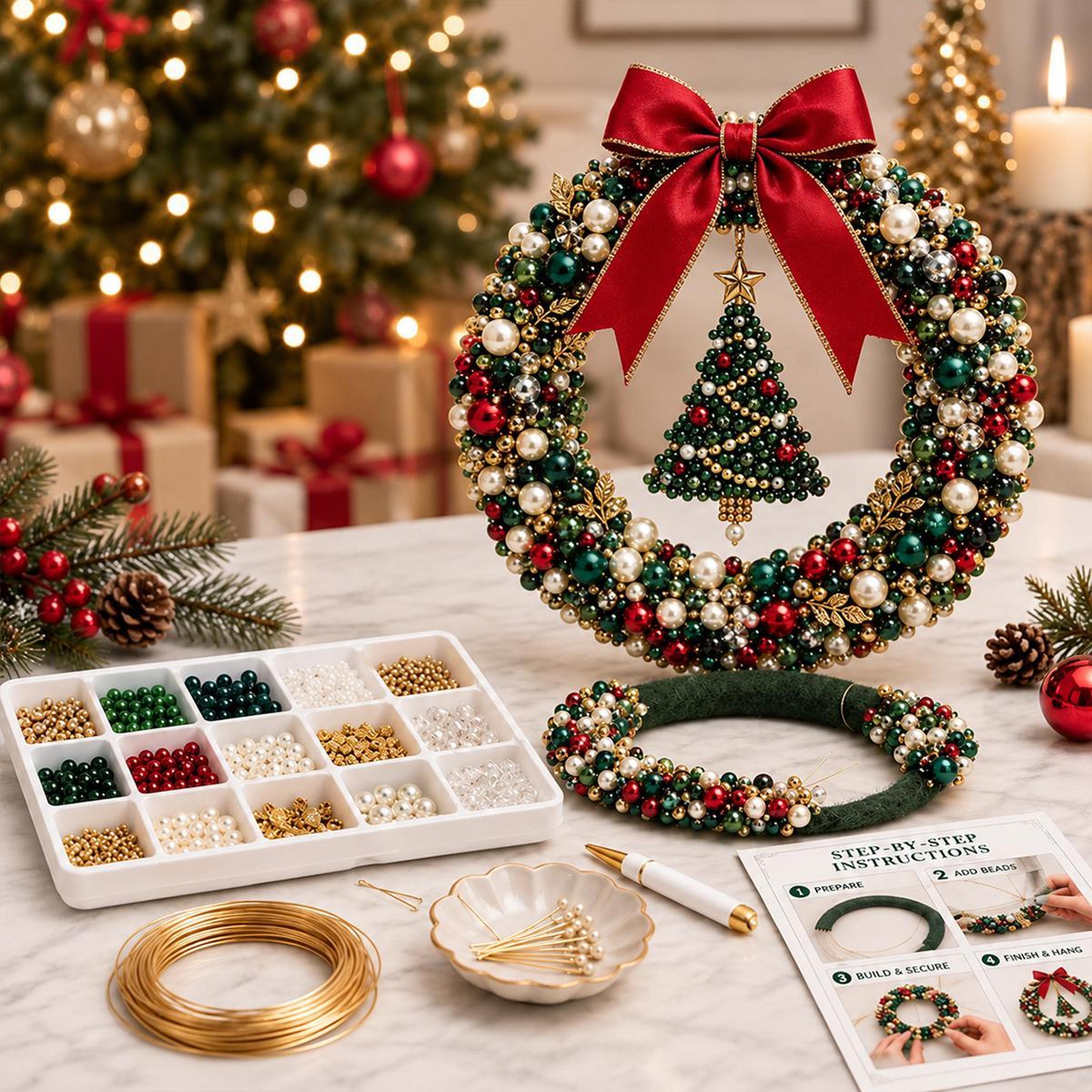 diy christmas pearl wreath kit with beaded accents and festive decorations
