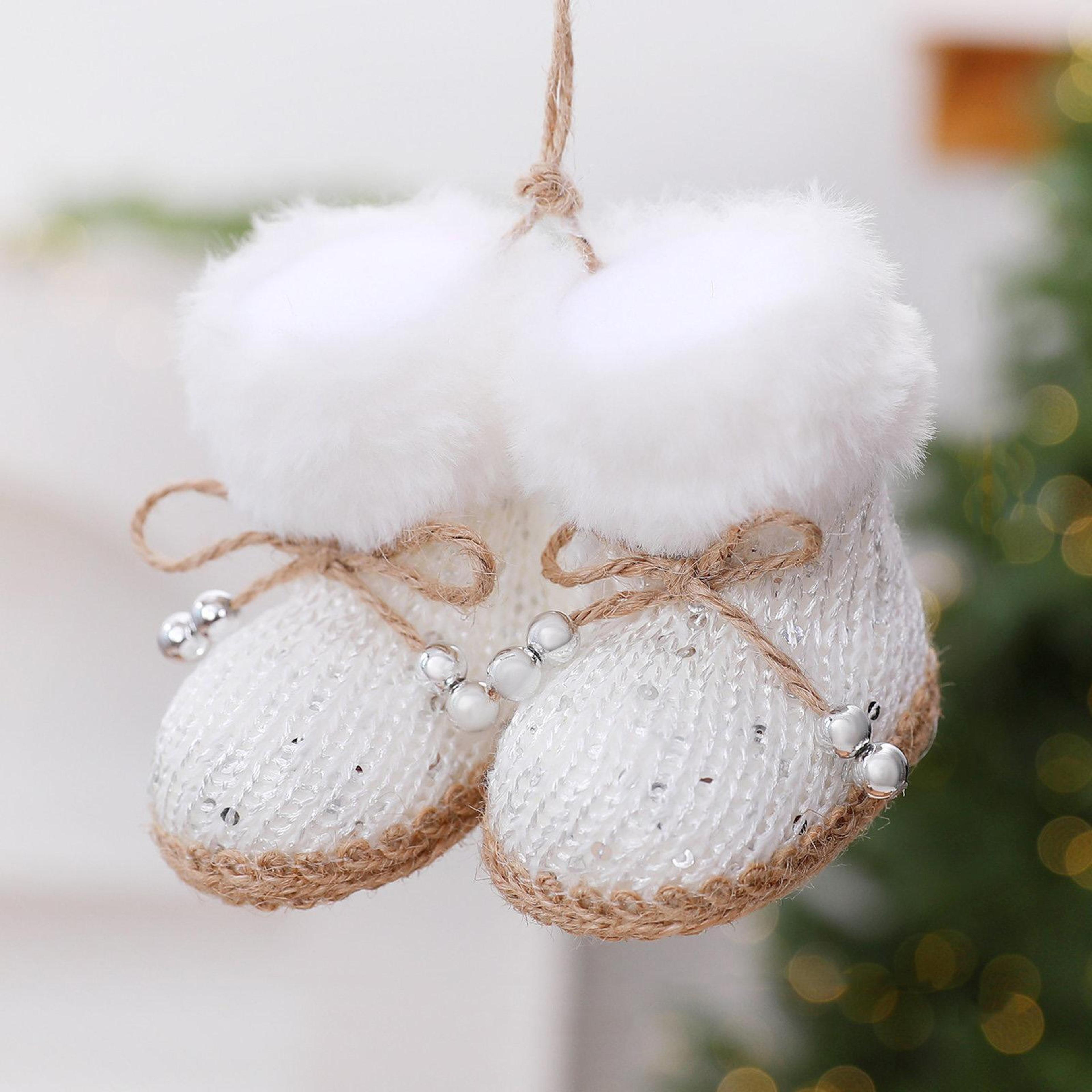knitted christmas boot ornaments with faux fur trim and sequin accents