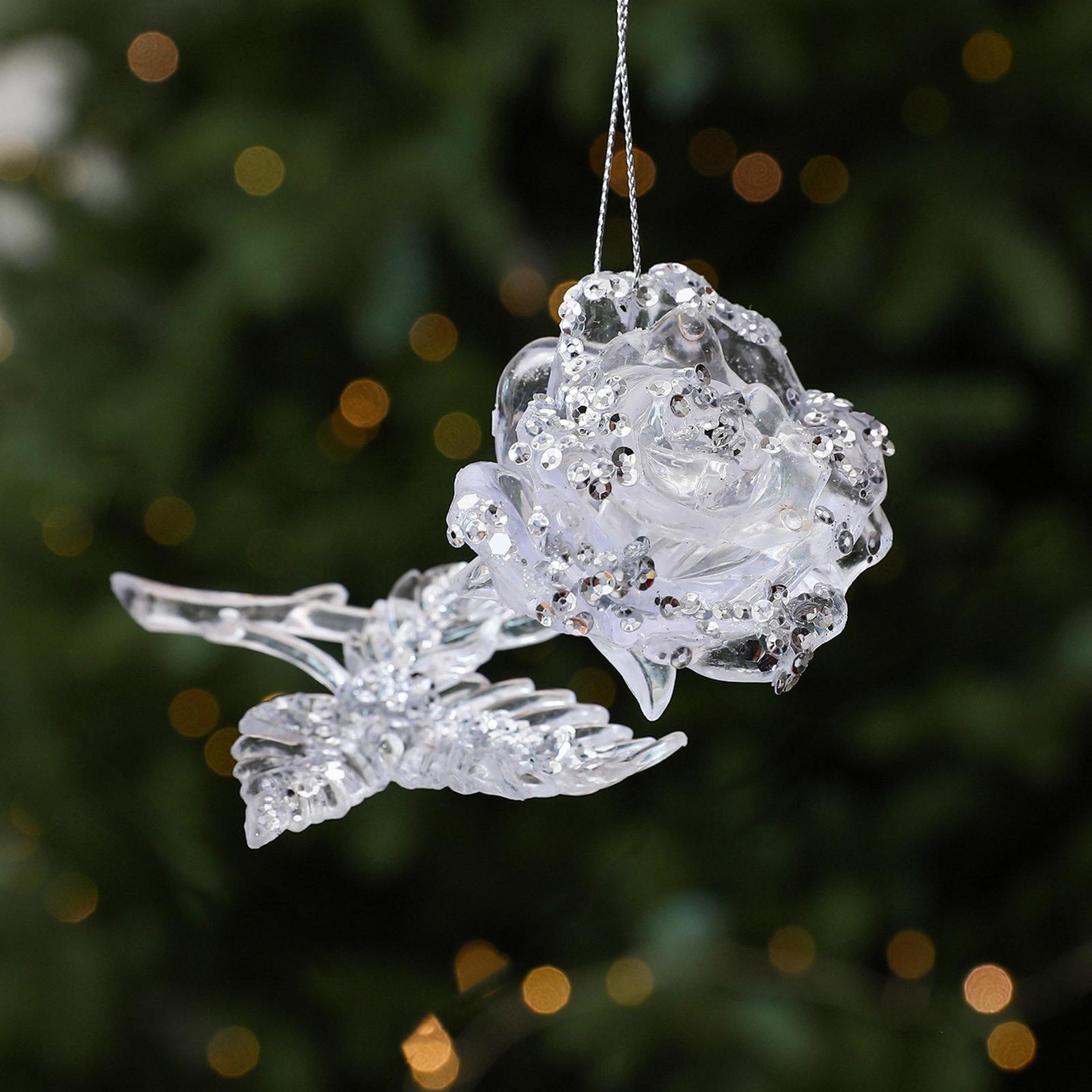 clear acrylic rose christmas tree ornament with gold or silver glitter