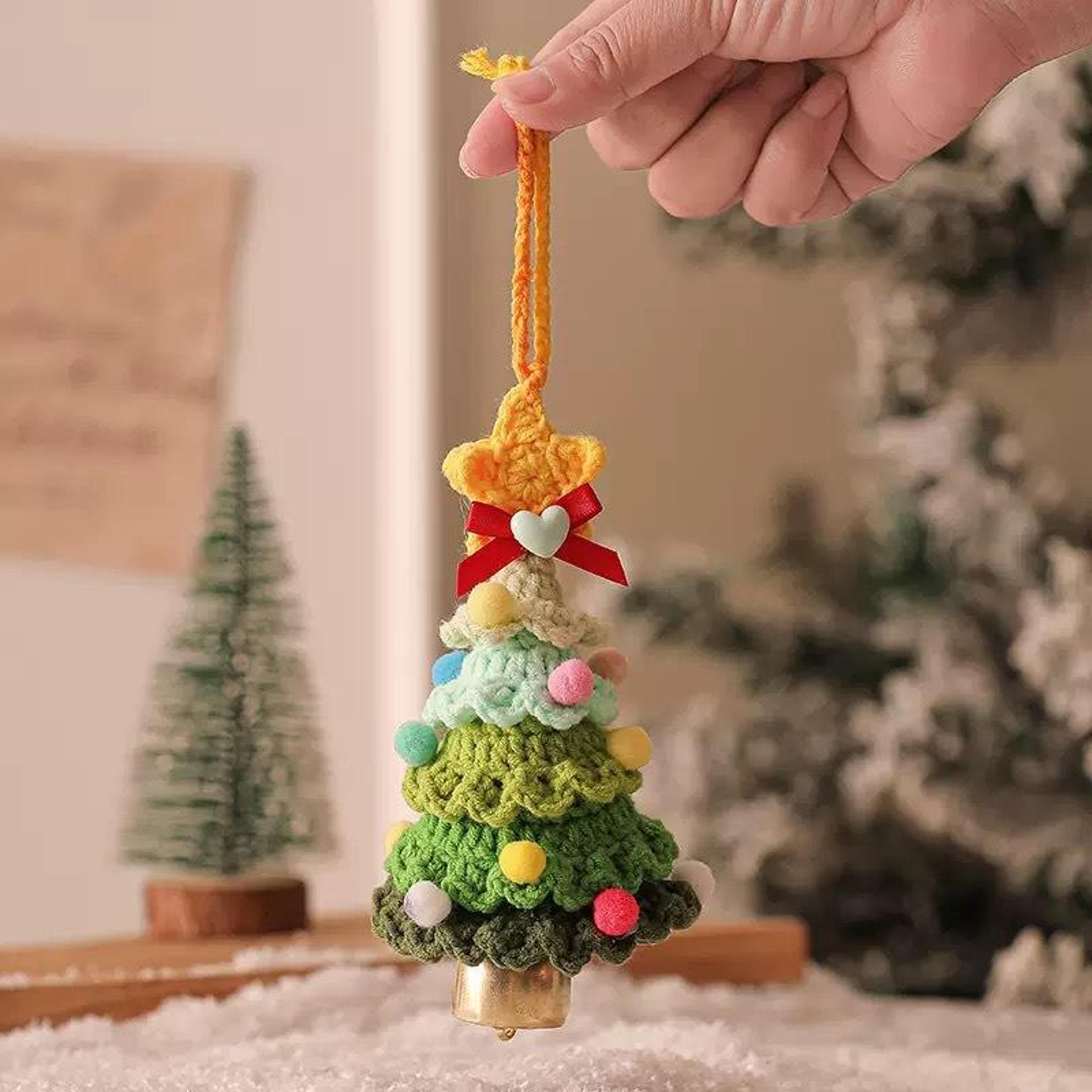 crocheted christmas tree hanging ornaments with bells for holiday decorations