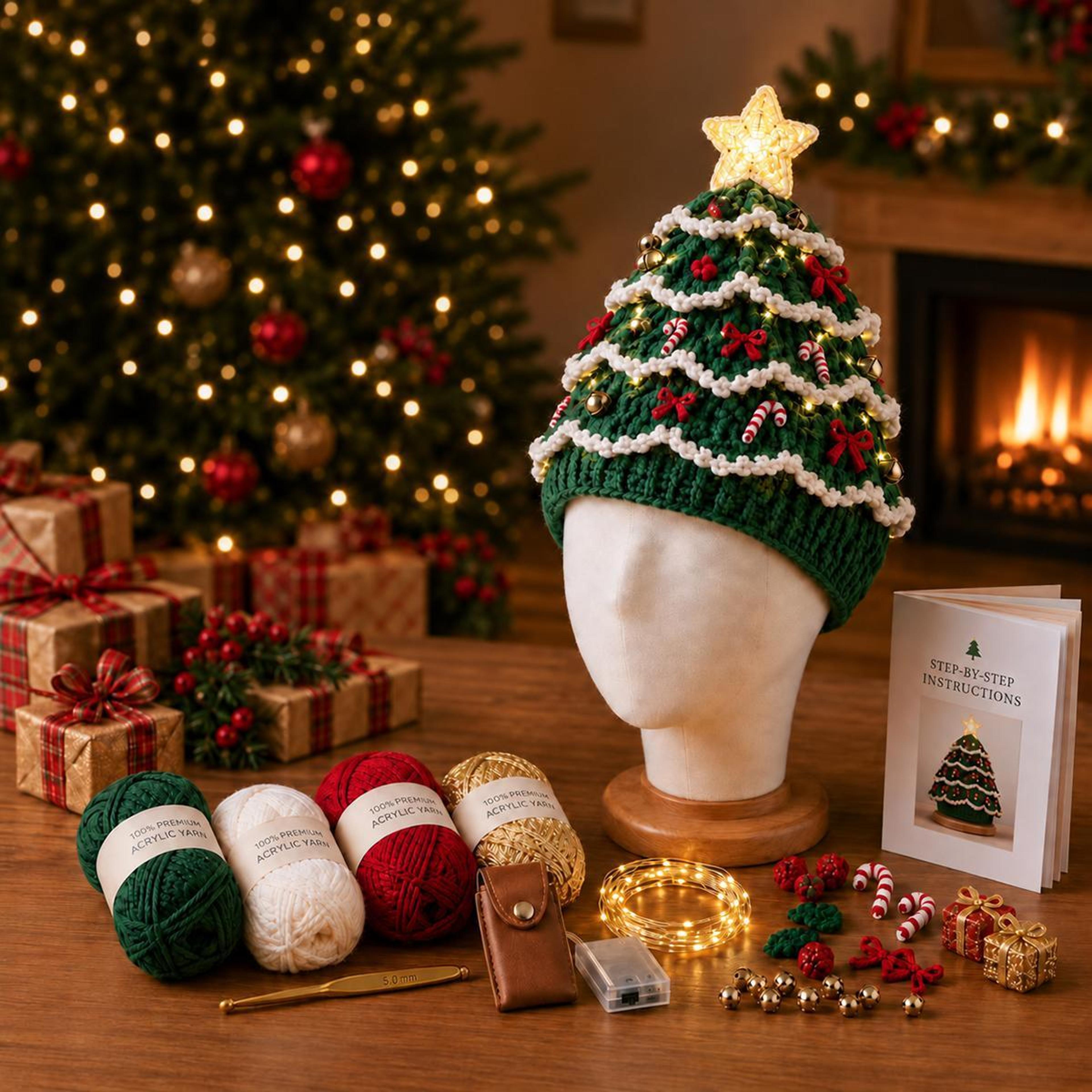 lighted christmas tree crochet hat diy kit with led lights and star accents