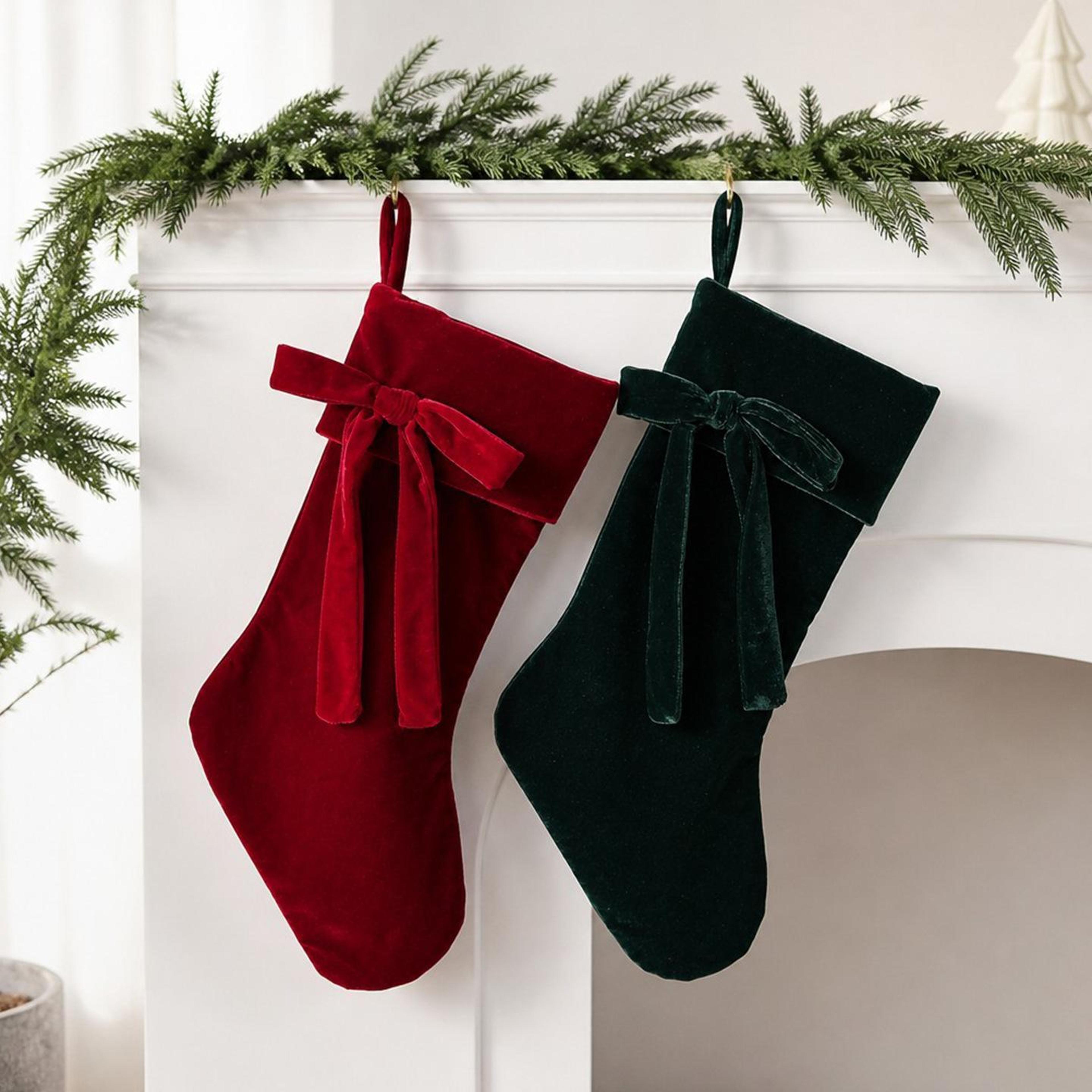 Velvet Christmas Stocking With Plush Fabric And Decorative Holiday Bow 1