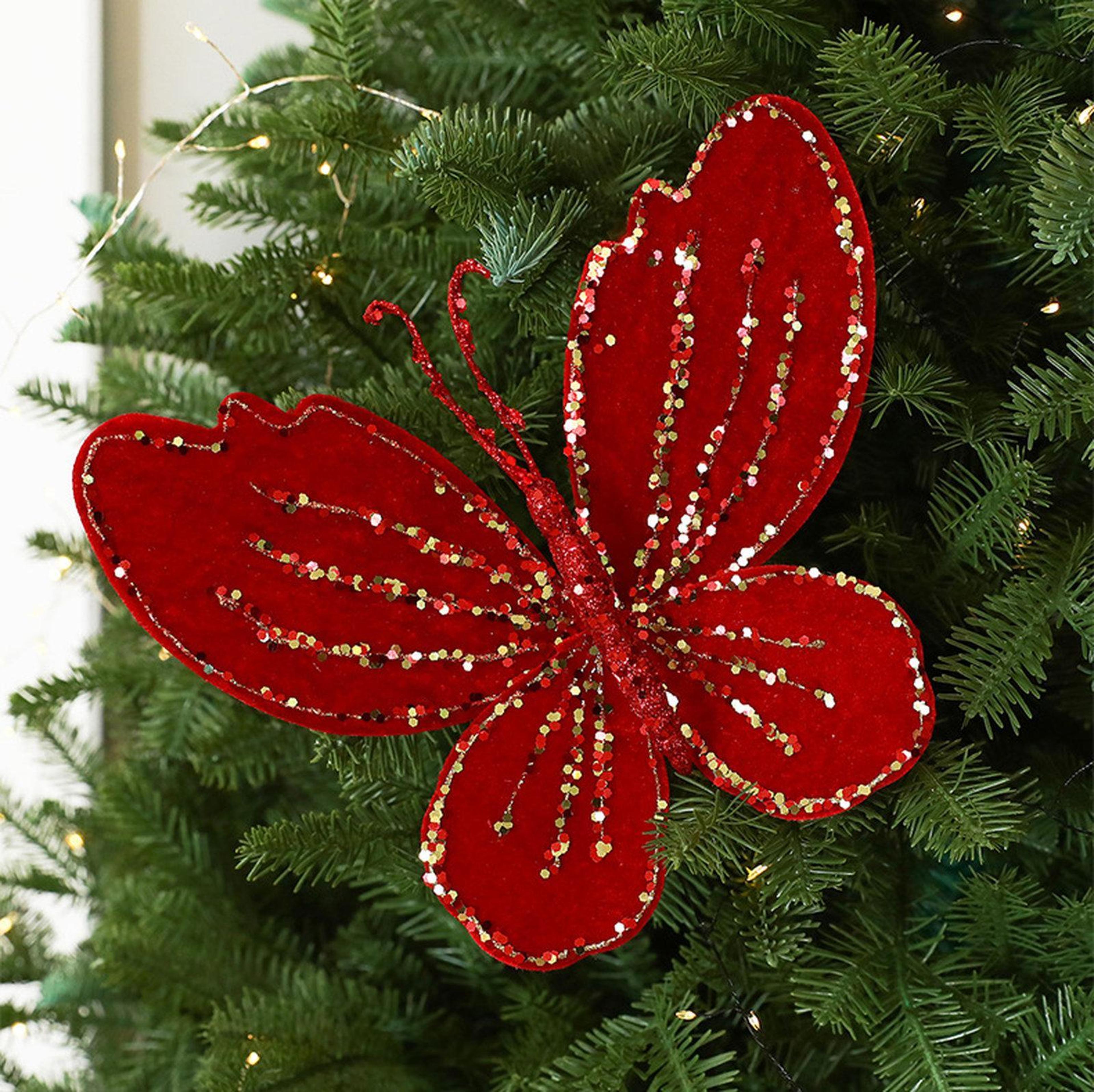 velvet butterfly christmas tree ornament with glitter accents and 3d wings