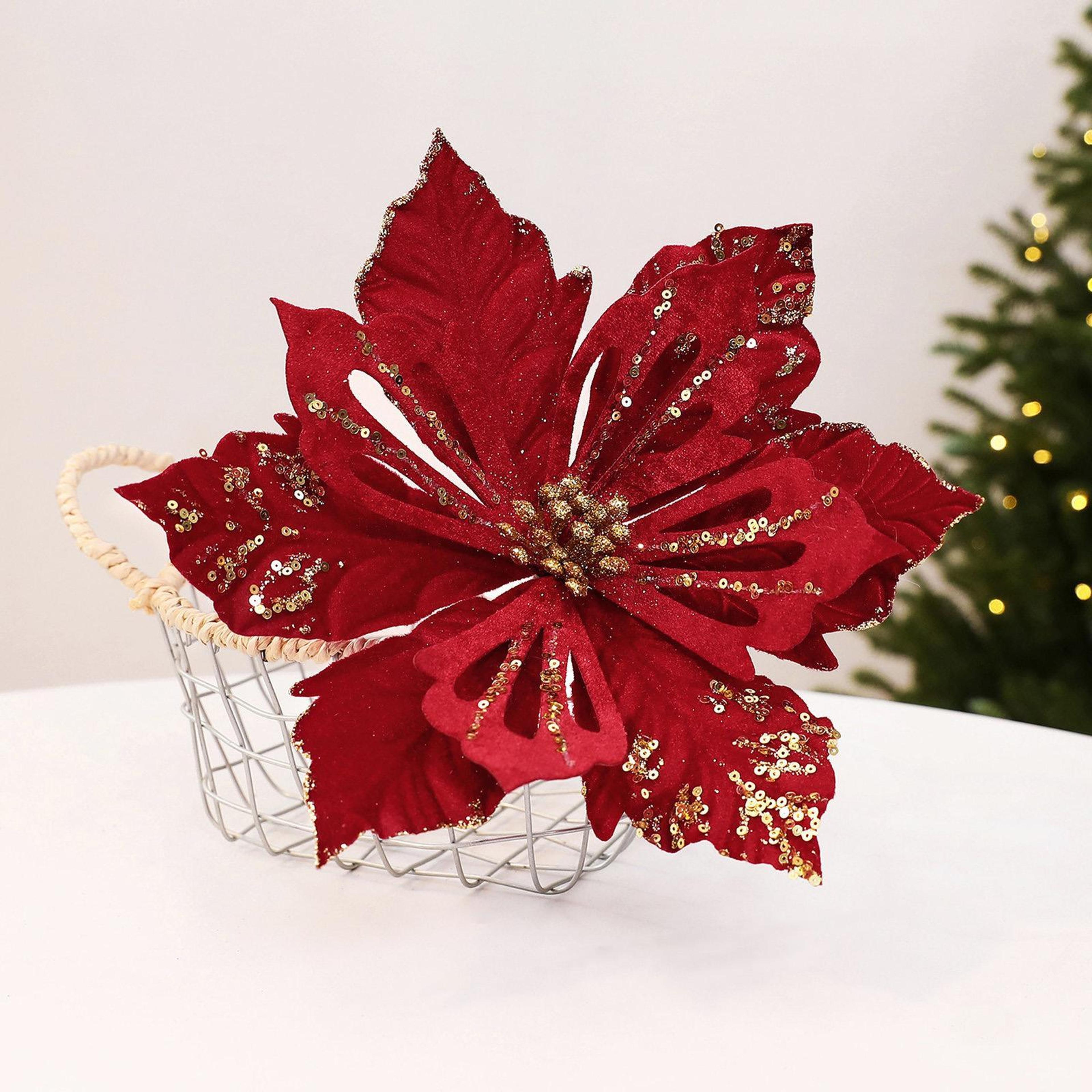 velvet artificial christmas flowers with gold glitter for tree and wreath decor