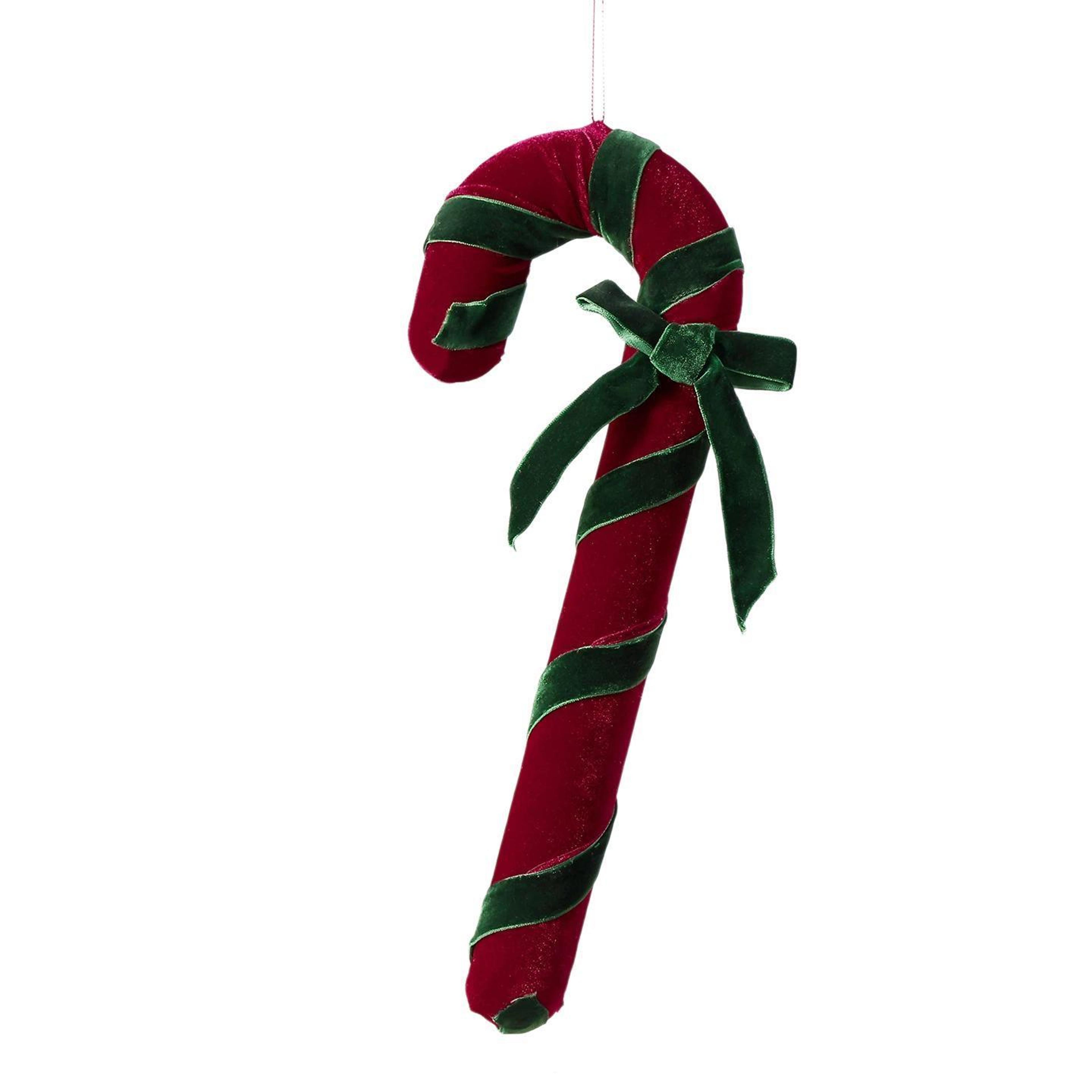 velvet candy cane christmas tree ornament with glitter and flocked trim