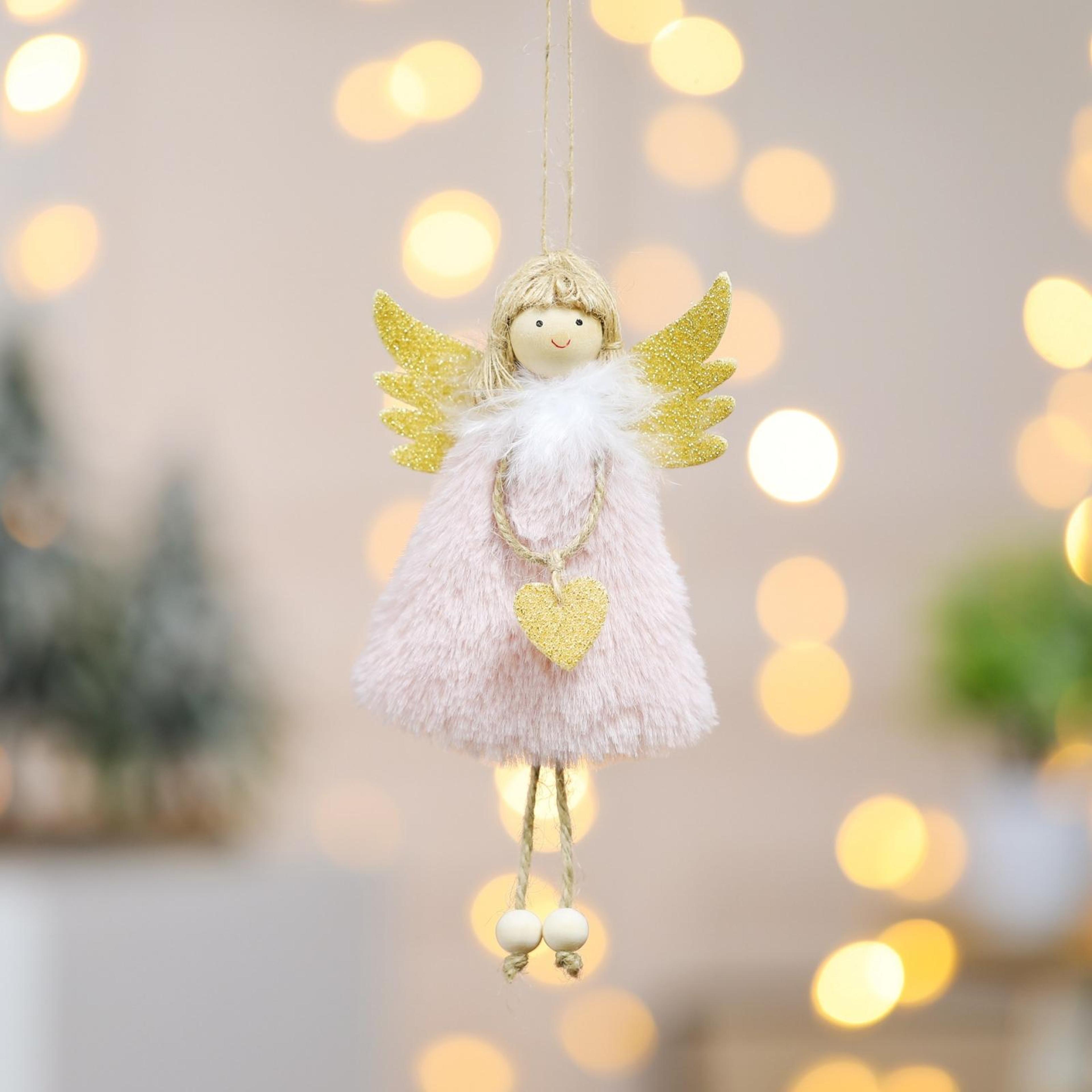 plush feather angel christmas tree ornament with wooden accents