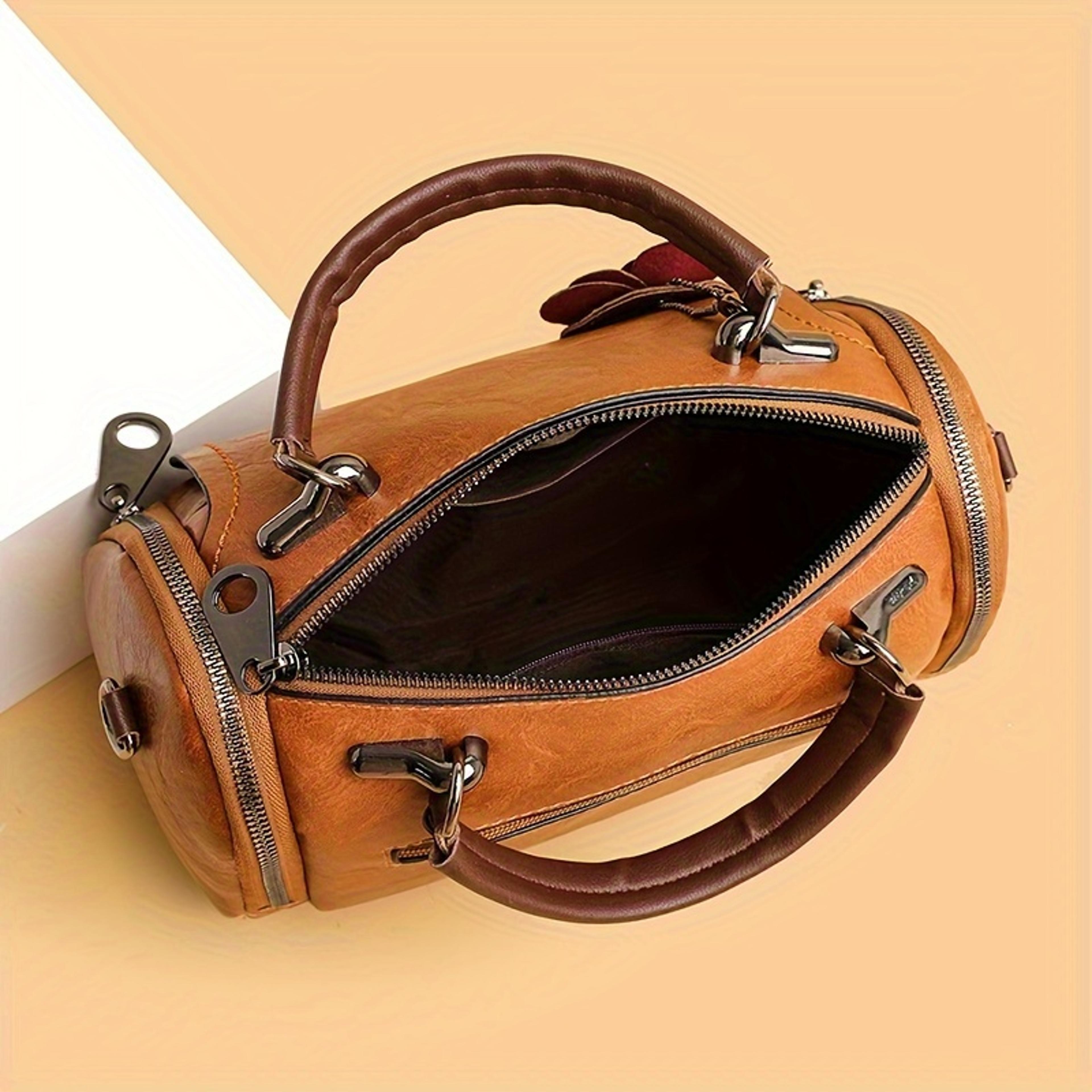 Vintage Boston Handbag Large Capacity PU Leather Satchel With Flower Pendant 3