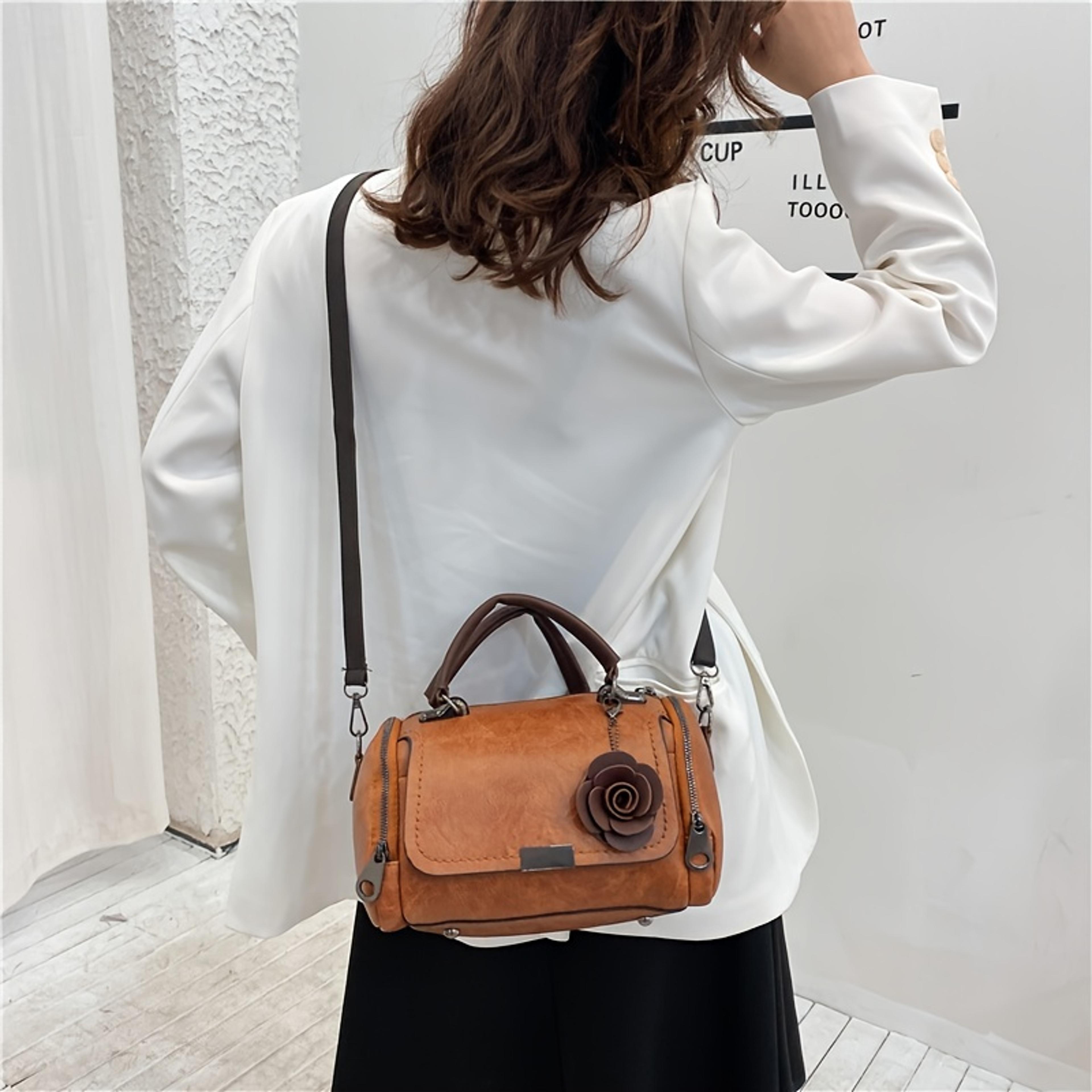 Vintage Boston Handbag Large Capacity PU Leather Satchel With Flower Pendant 4