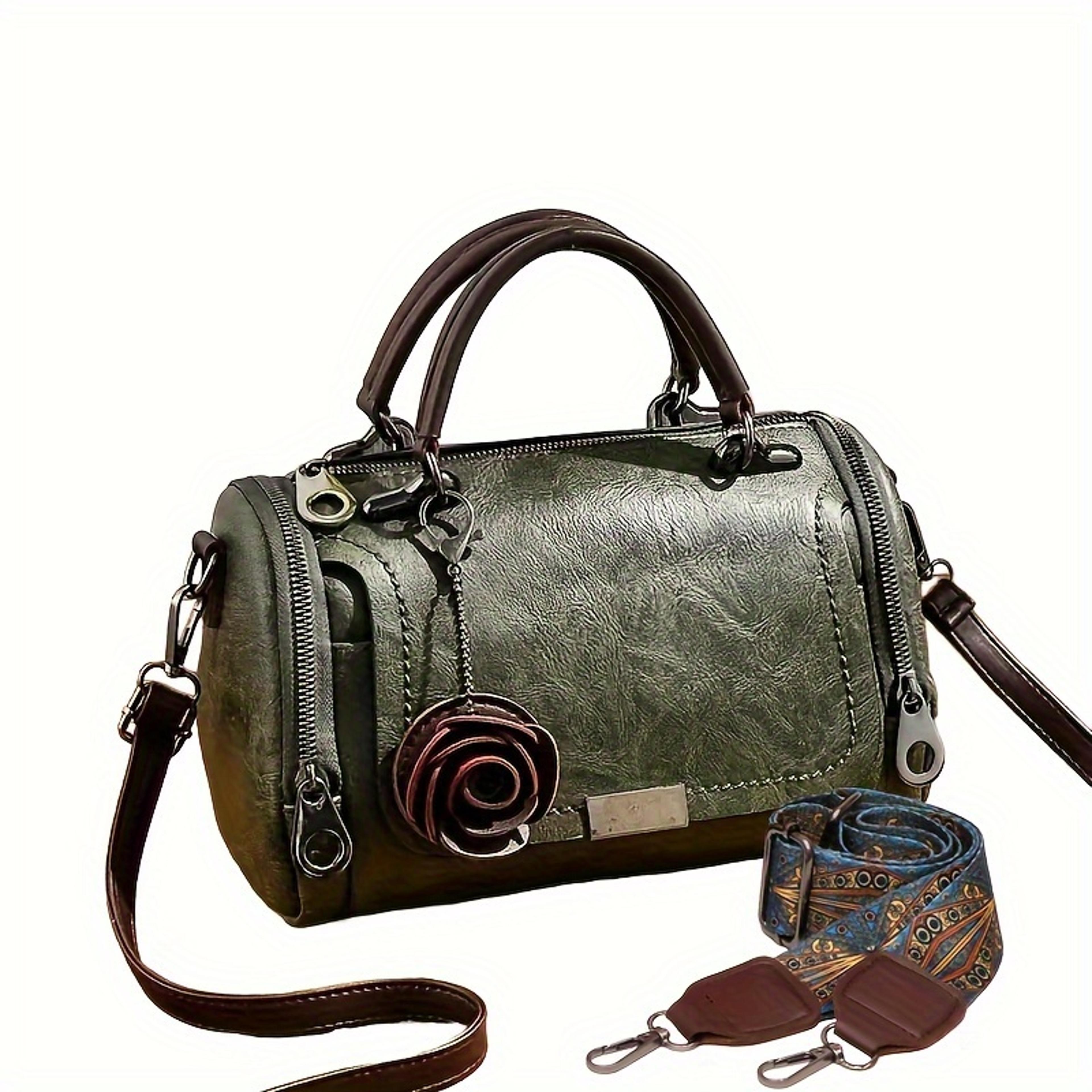 Vintage Boston Handbag Large Capacity PU Leather Satchel With Flower Pendant 7