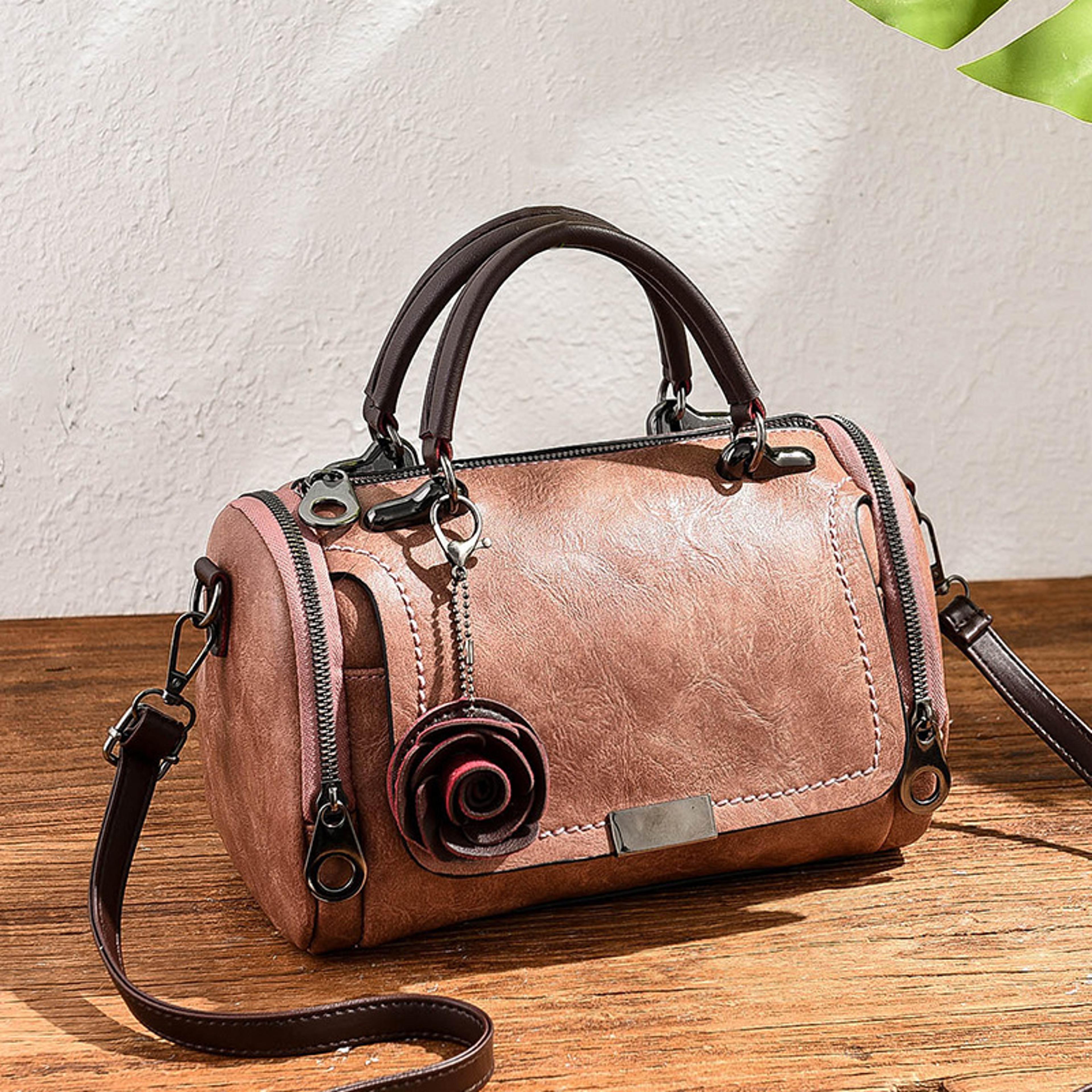 Vintage Boston Handbag Large Capacity PU Leather Satchel With Flower Pendant 9